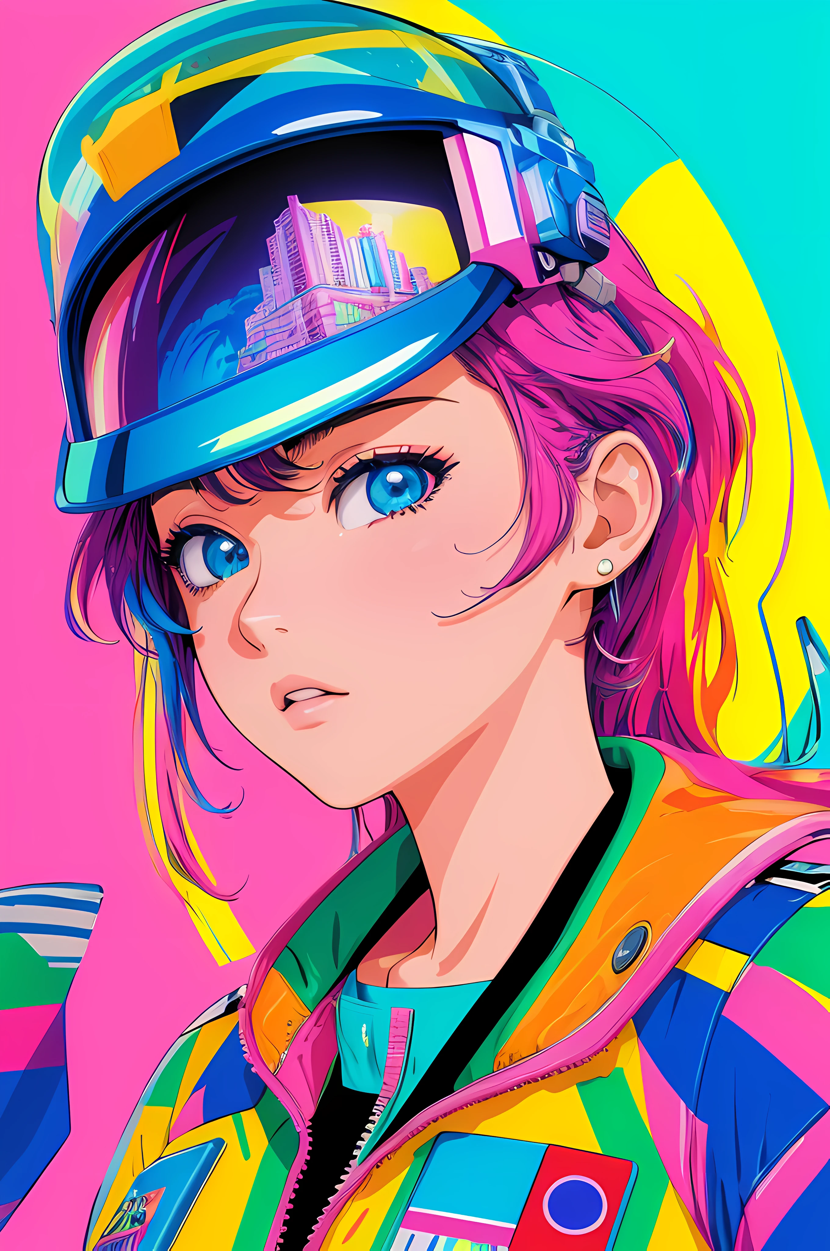 (masterpiece,best quality,ultra detailed,ultra high res,detailed background),((vaporwave)),((flat color)),((colorful)),(1girl),pilot,pilot helmet,pilot jacket,looking at viewer,solo,upper body,colored background,high contrast,contrasting colors,cowboy shot,
