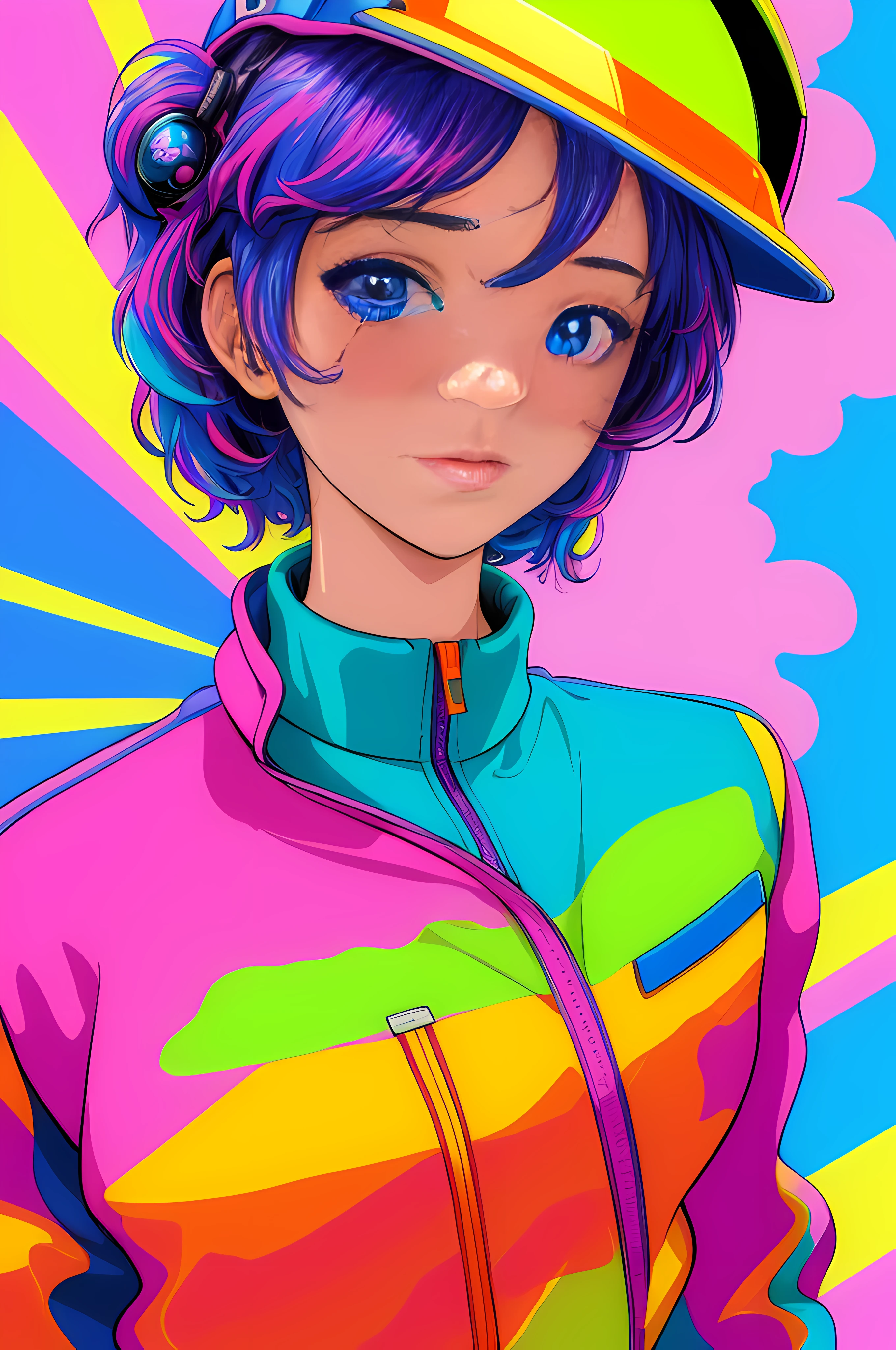 (masterpiece,best quality,ultra detailed,ultra high res,detailed background),((vaporwave)),((flat color)),((colorful)),(1girl),pilot,pilot helmet,pilot jacket,looking at viewer,solo,upper body,colored background,high contrast,contrasting colors,cowboy shot,