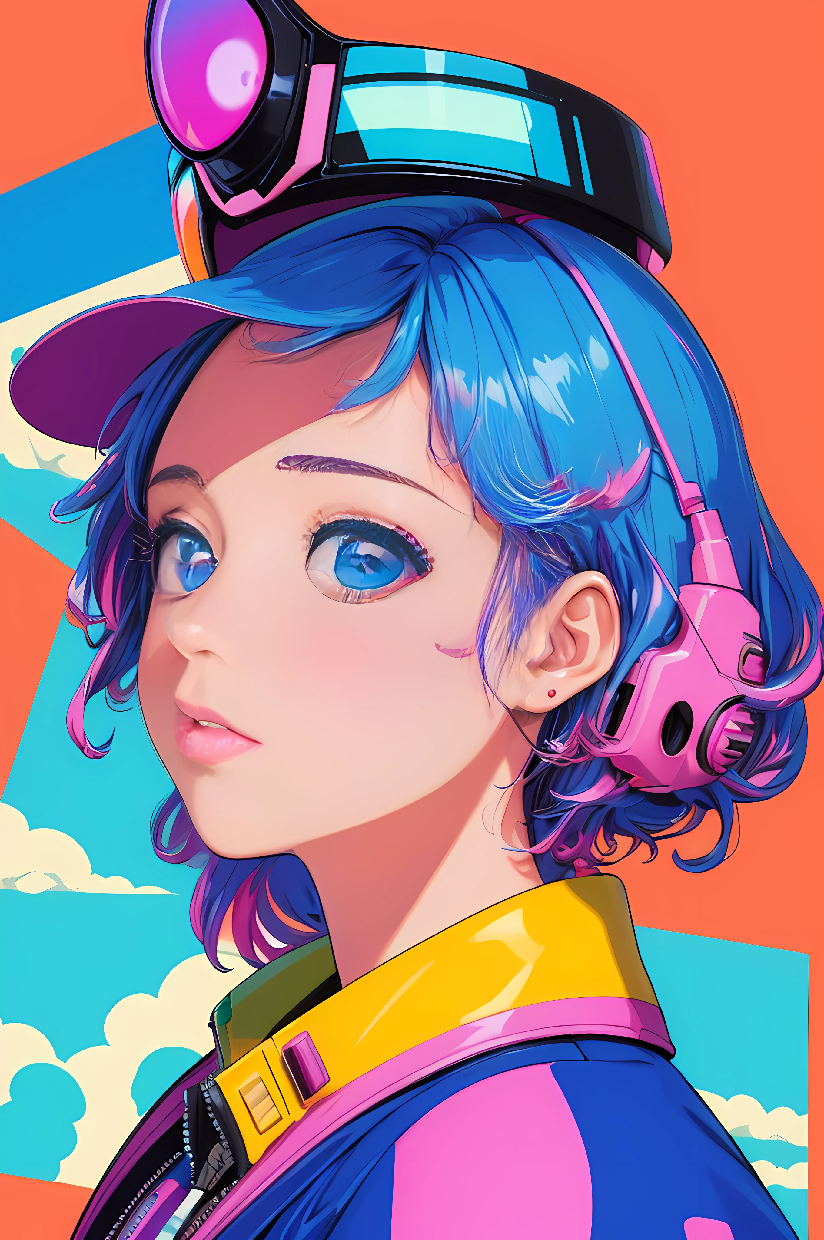 (masterpiece,best quality,ultra detailed,ultra high res,detailed background),((vaporwave)),((flat color)),((colorful)),(1girl),pilot,pilot helmet,pilot jacket,looking at viewer,solo,upper body,colored background,high contrast,contrasting colors,cowboy shot,