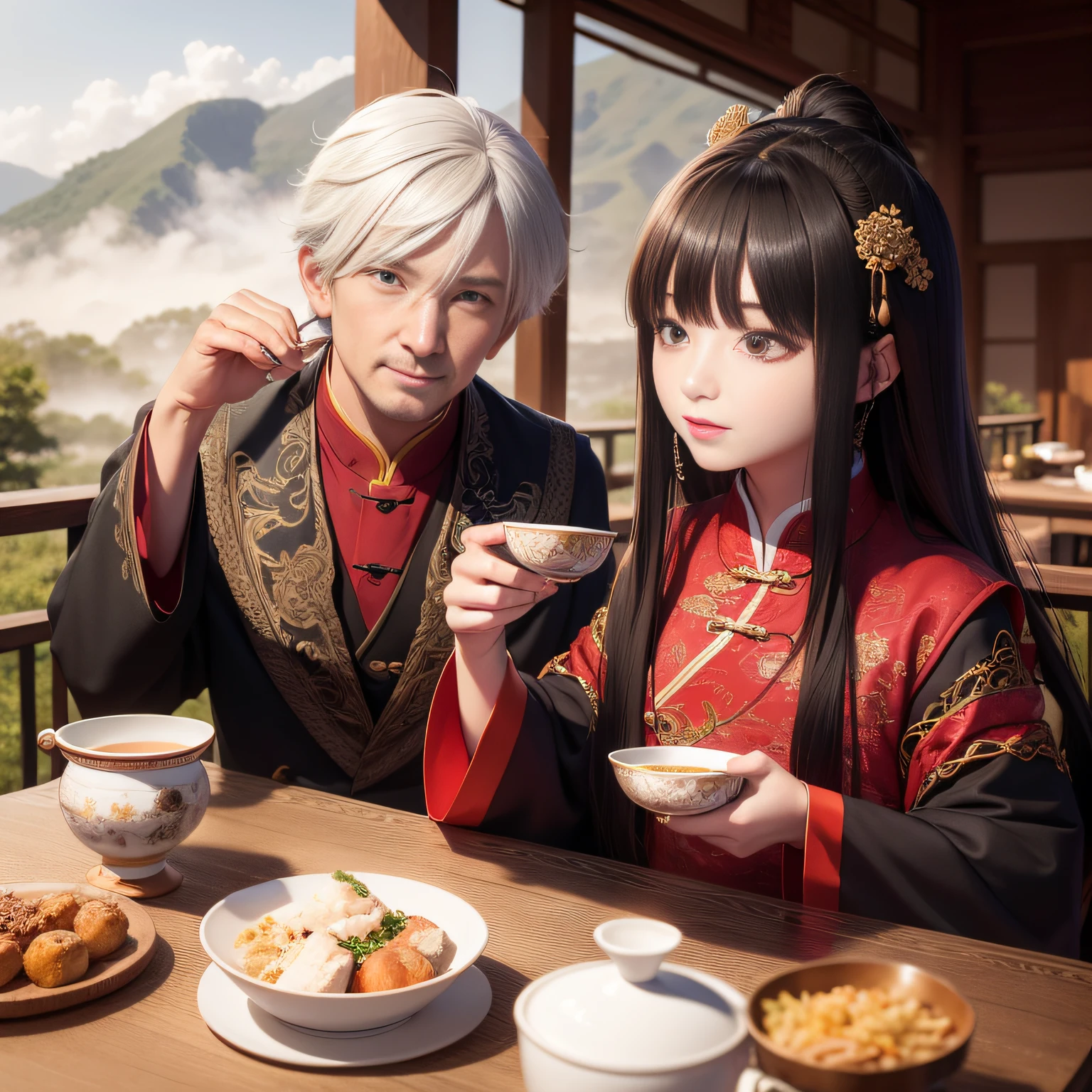 8K,tmasterpiece,Natural lighting,ancient chinese background,High hills,Cloud fog,rios,Sit at the tea table,Chicken cup,Outdoor photography,sface focus,detailed face with,facial wrinkle,Relaxed expression,(2 people),Opposite,Male elderly,White hair,Hairpins,Chinese Han dynasty costumes,Boy