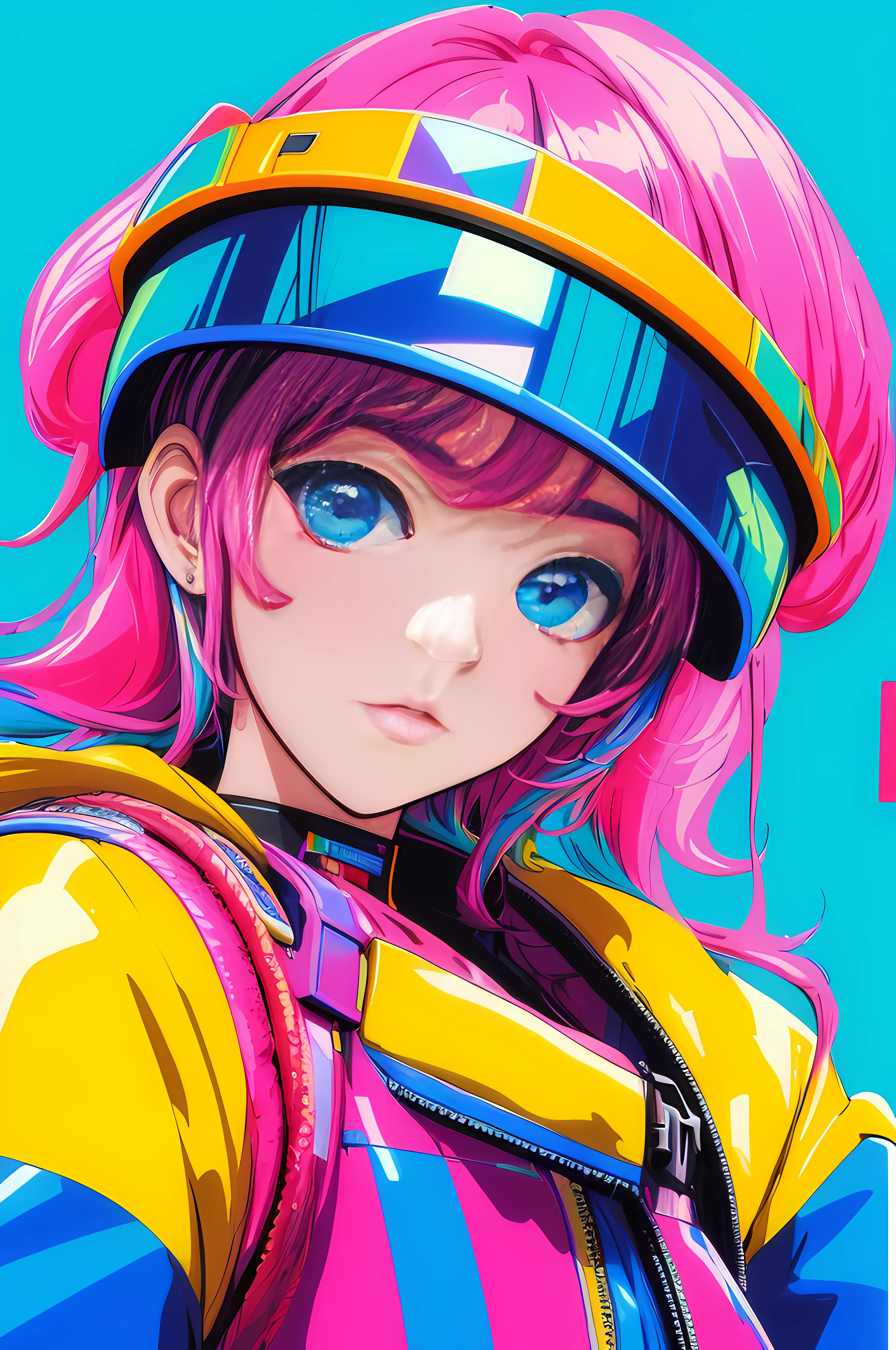 (masterpiece,best quality,ultra detailed,ultra high res,detailed background),((vaporwave)),((flat color)),((colorful)),(1girl),pilot,pilot helmet,pilot jacket,looking at viewer,solo,upper body,colored background,high contrast,contrasting colors,cowboy shot,