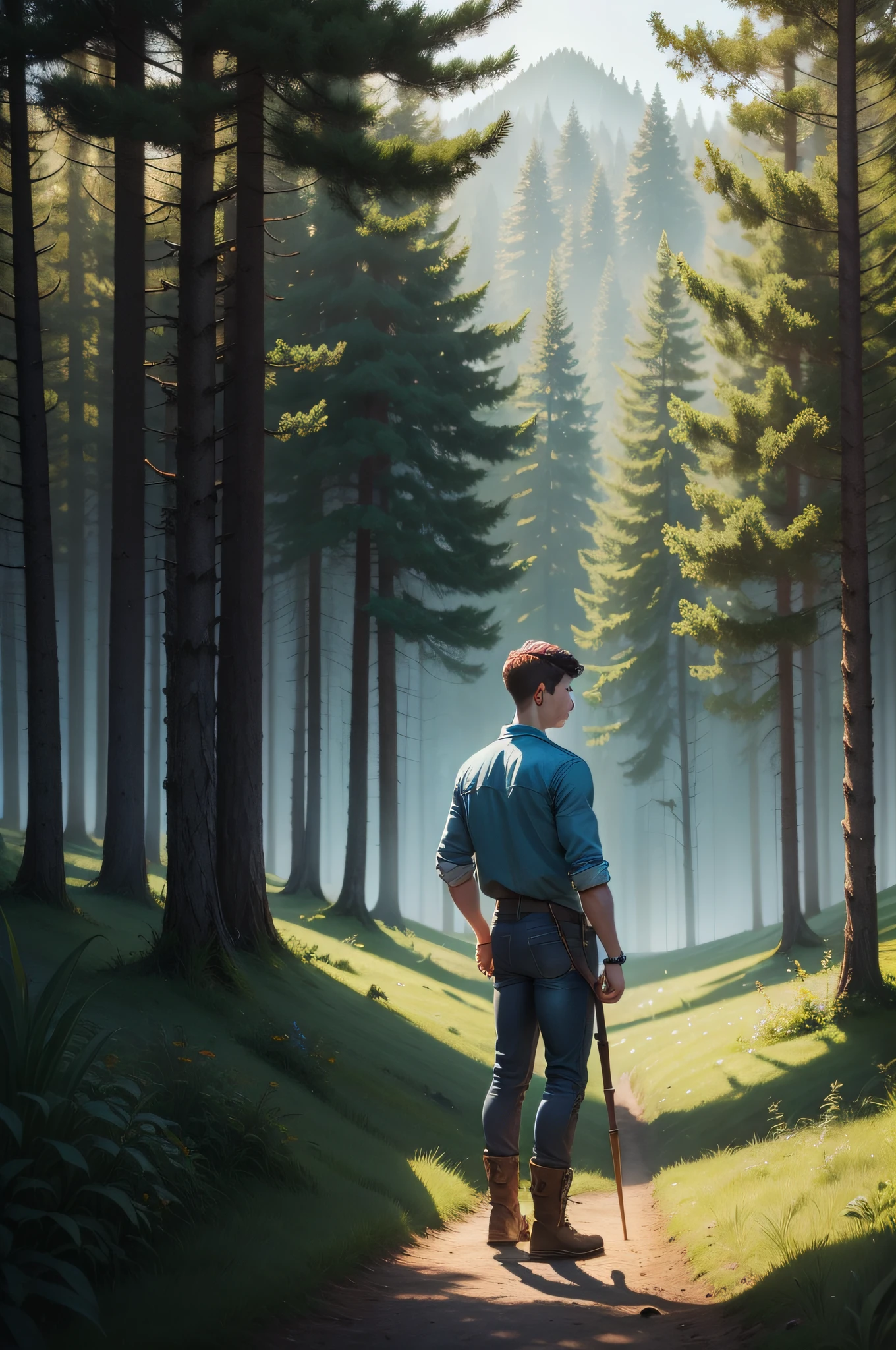 A young farmer with a magic wand, standing in a field with a forest in the background.