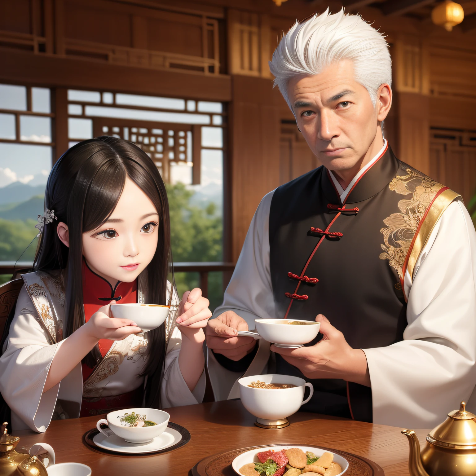 8K，tmasterpiece，Natural lighting，ancient chinese background，High hills，Cloud fog，rios，Sit at the tea table，Chicken cup，Outdoor photography，sface focus，detailed face with，facial wrinkle，Relaxed expression，（2 people），Opposite，Male elderly，White hair，Hairpins，Chinese Han dynasty costumes，Boy