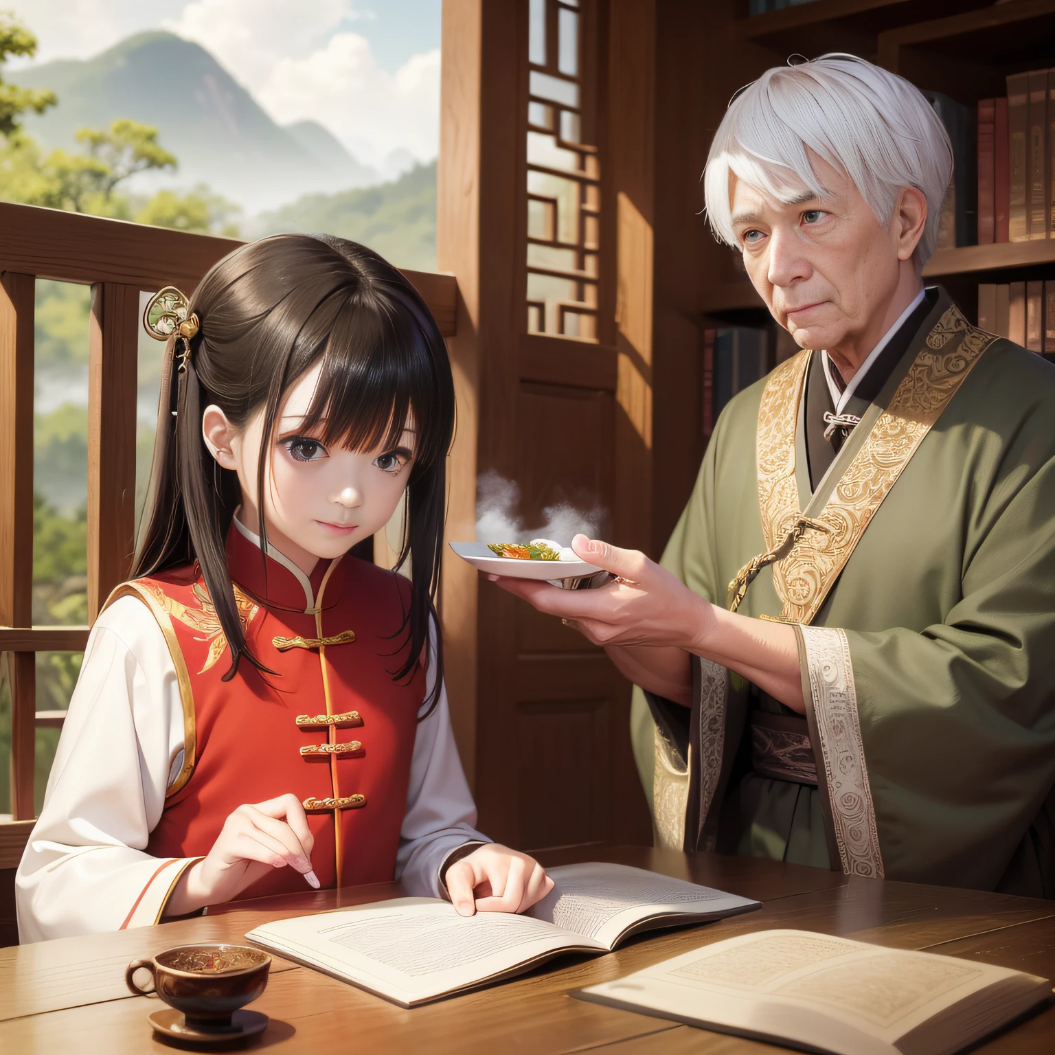 8K,tmasterpiece,Natural lighting,ancient chinese background,High hills,Cloud fog,rios,Sit in front of the bookcase,Chicken cup,Outdoor photography,sface focus,detailed face with,facial wrinkle,Relaxed expression,(2 people),Opposite,Male elderly,White hair,Hairpins,Chinese Han dynasty costumes,Boy
