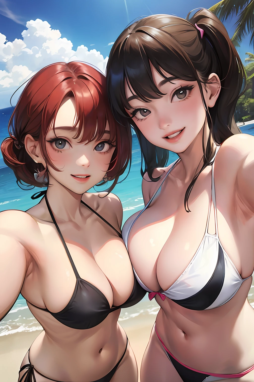 Realistic, Selfie of two girls, close contact with both breasts, wearing a bikini, big breasts, smiling face