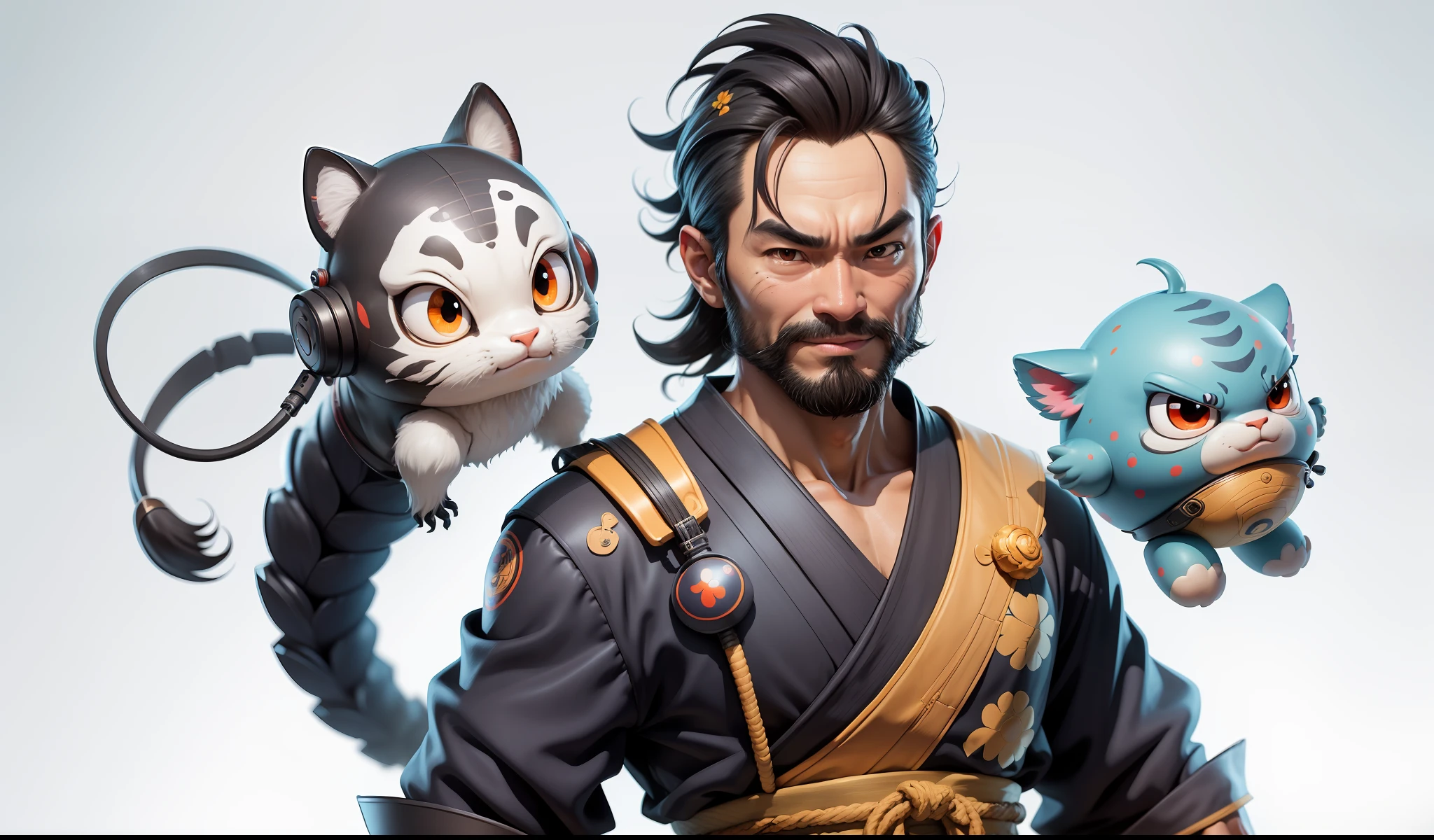 (Daisaku),(Need),(Super meticulous),(full bodyesbian:1.2),Super young man with Japanese geisha,Beautiful,orient,one tiger,Aeolian Thor,Raised sexy,爆乳,Oriental face,TV Anchor,Bust portrait illustration,In black suit,a blue tie,The face is slightly chubby,The face was clean,without a beard,Black super short hair,Black eyes,Smile confidently,3C computer sub-products,iPad, iphone,Digital painting,3D character design by Mark Clairen and Pixar and Hayao Miyazaki and Akira Toriyama,The illustration is a high-definition illustration in 4K resolution,With very detailed facial features and cartoon-style visuals。