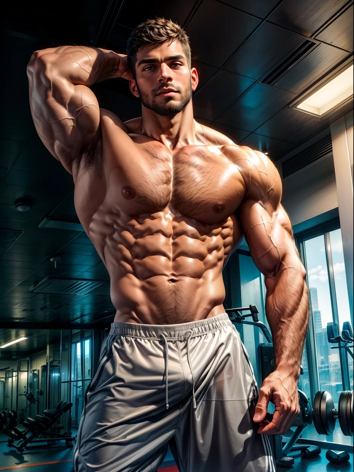 masterpiece, best quality, high resolution, closeup portrait, (1boy:1.4) standing male, in gym clothes, see-through, looking front, dark skin, muscular, (no shirt:1.2) male focus, ground focus, muscular, burly, hairy, male, (shirtless:1.2), gym background, awesome composition, front view, HDR, volumetric lighting, (wide shot, from front:1.2) (GS-Male: 1.5) ) (magnificent landscape:1.2)