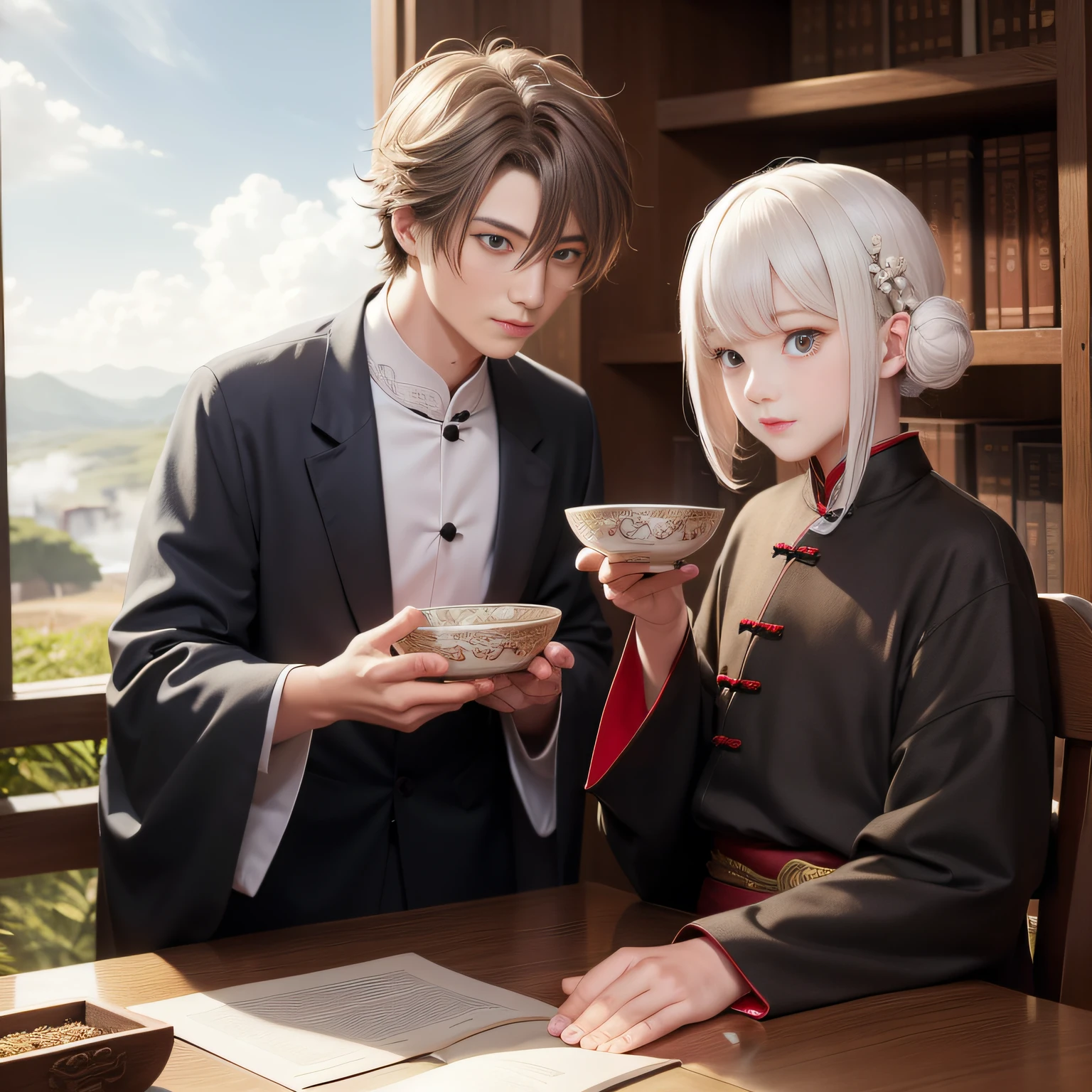 8K,tmasterpiece,Natural lighting,ancient chinese background,High hills,Cloud fog,rios,Sit in front of the bookcase,Chicken cup,Outdoor photography,sface focus,detailed face with,facial wrinkle,Relaxed expression,(2 people),Opposite,Male elderly,White hair,Hairpins,Chinese Han dynasty costumes,Boy