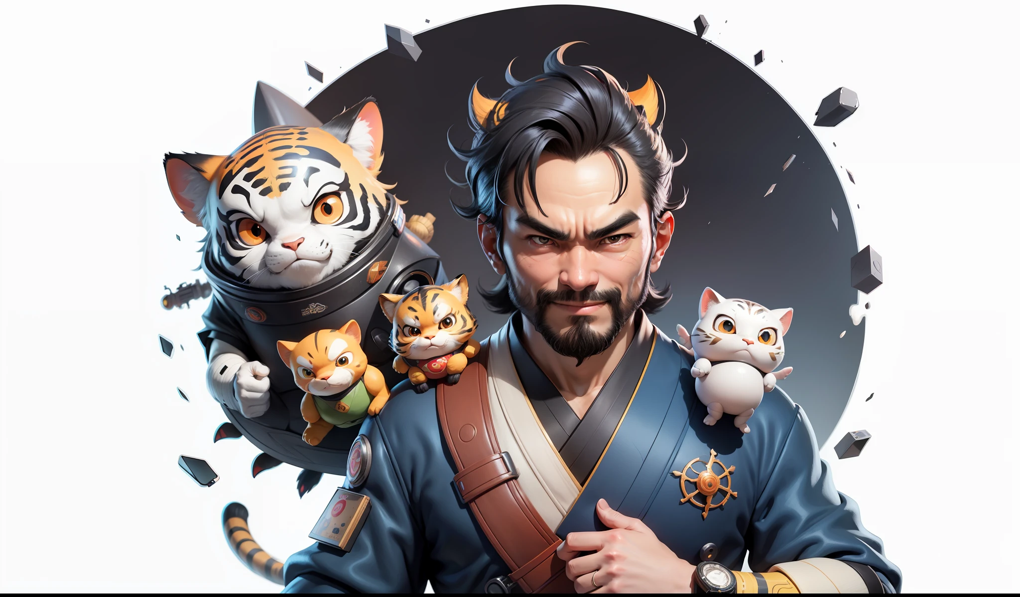 (Daisaku),(Need),(Super meticulous),(full bodyesbian:1.2),Super young man with Japanese geisha，Beautiful，orient，one tiger，Aeolian Thor，Raised sexy，爆乳，Oriental face，TV Anchor，Bust portrait illustration，In black suit，a blue tie，The face is slightly chubby，The face was clean，without a beard，Black super short hair，Black eyes，Smile confidently，3C computer sub-products，iPad， iphone，Digital painting，3D character design by Mark Clairen and Pixar and Hayao Miyazaki and Akira Toriyama，The illustration is a high-definition illustration in 4K resolution，With very detailed facial features and cartoon-style visuals。