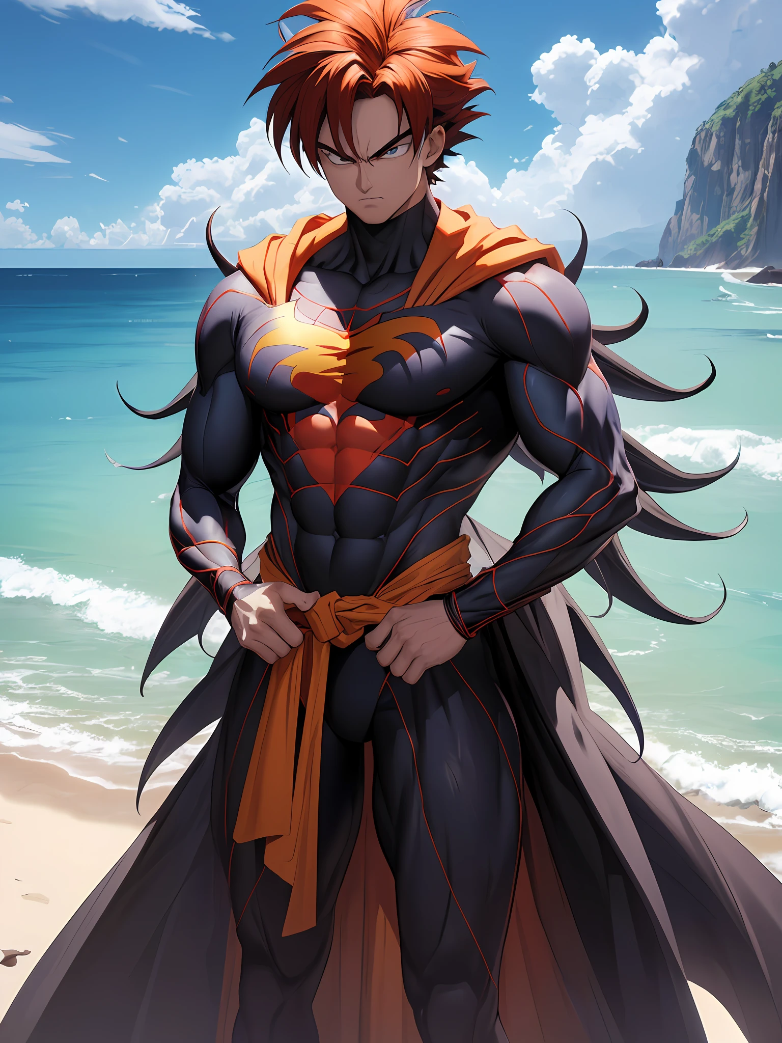 (o homem aranha 8k+ultra-detailed CG unity wallpaper+best quality) ao lado de (super sayajin Goku+3d+vestido roupa de praia), na praia de outro planeta aonde tem (muita gente nessa praia), the sky being blue with (great quality).