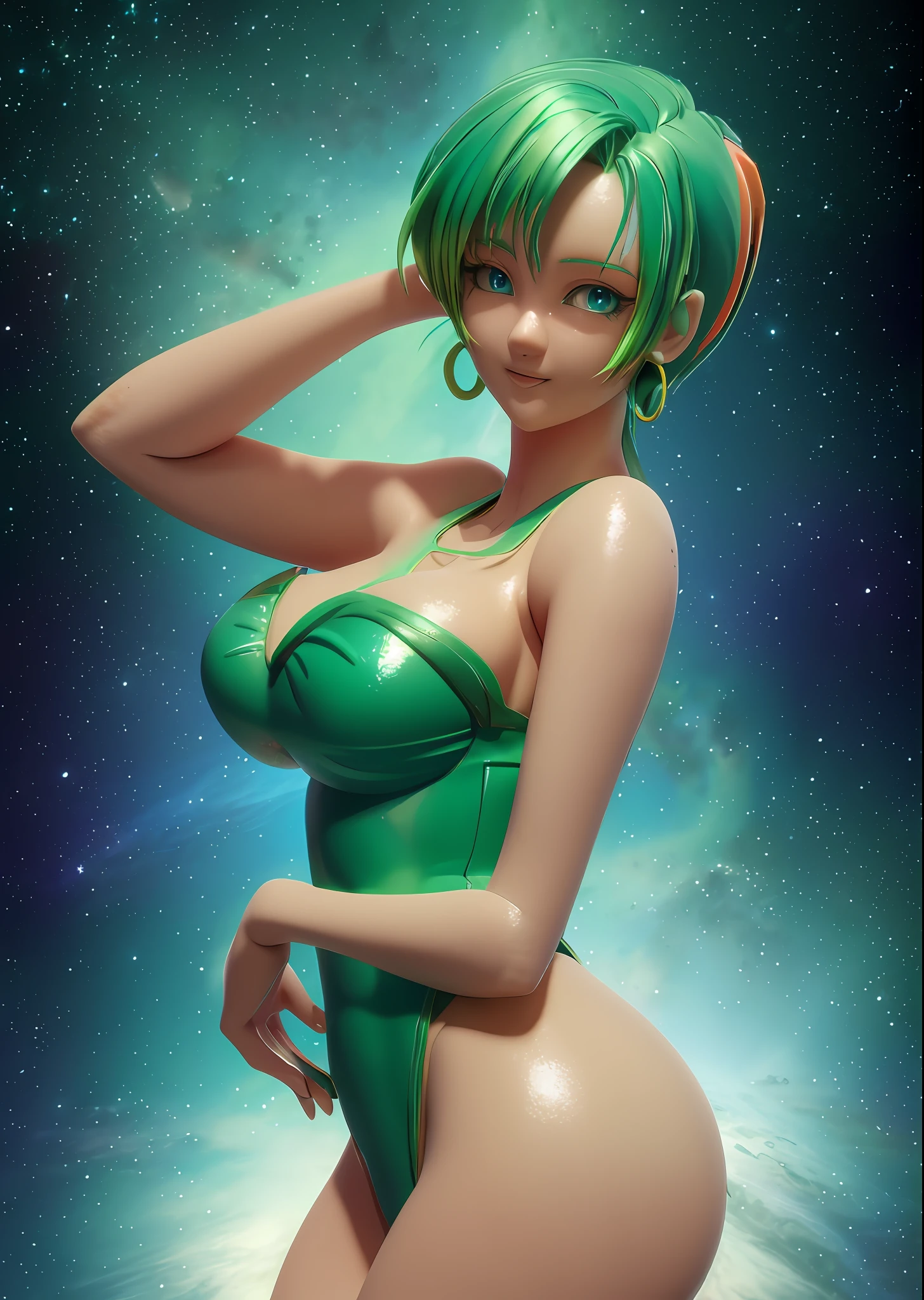 bishoujo with green hair, blue eyes, red swimsuit, looks like a collectible figure, 3D render style, space background, masterpiece , hd