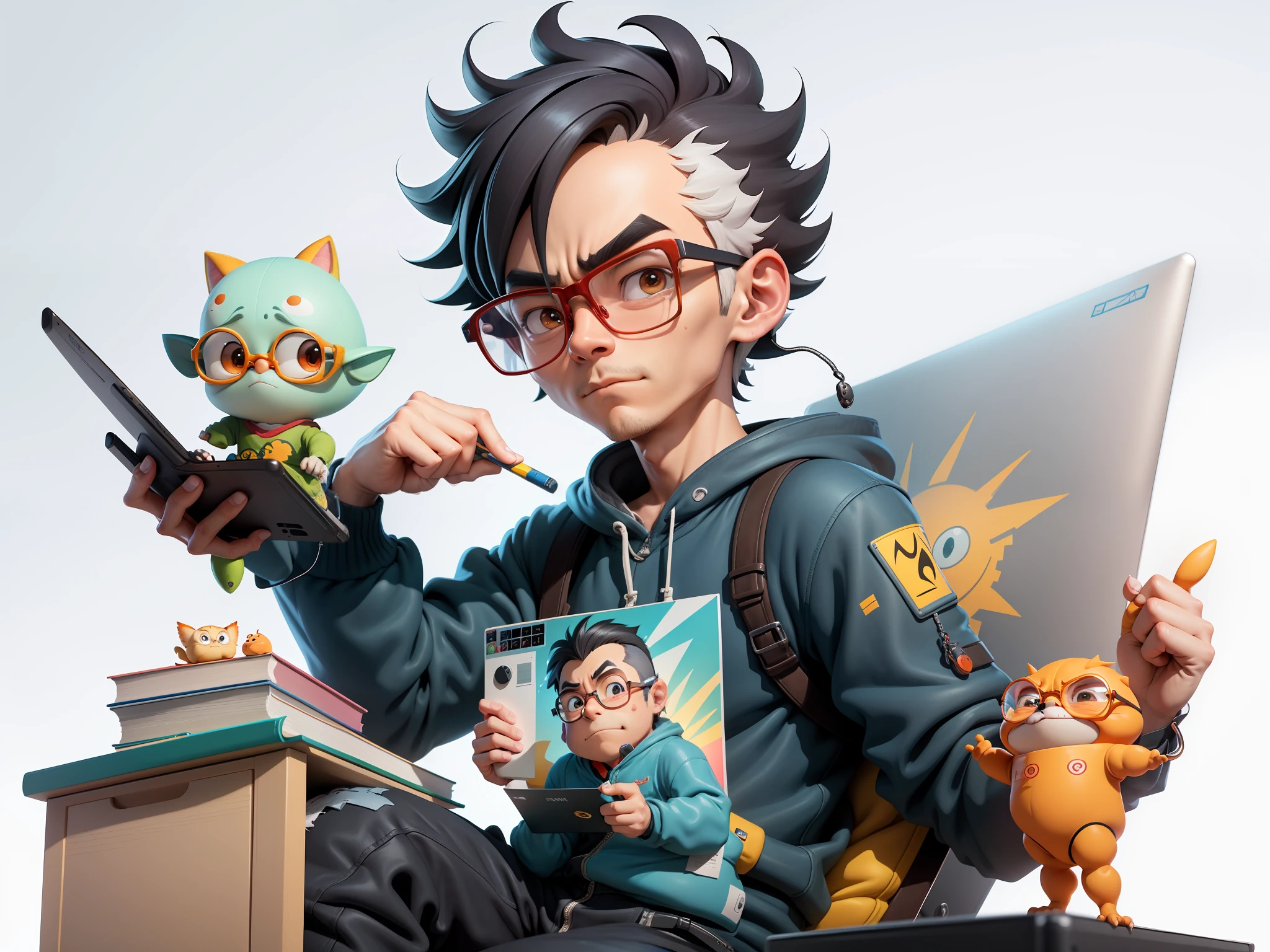 A young man with glasses sits at his desk，holding laptop，digitial painting，3D character design by Mark Clairen and Pixar and Hayao Miyazaki and Akira Toriyama，4K HD illustration，Very detailed facial features and cartoon-style visuals。