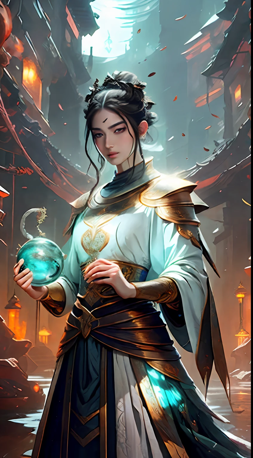 8k, complexe, elegant, highly detailed, majestueux, digital photography, Lentilles en denim, surreal painting, Broken glass, Battre la magie, Magie de la foudre sinueuse, (Masterpiece, side light, beaux yeux: 1.2), Hdr, Vacuum 5 Energy storm, (Fille chinoise, yeux noirs: 1.5), pale skinned, glowy skin, longs cheveux noirs, ( assis sur la pierre: 1.5), delicate face, cheveux noirs, Porter une armure rose palatiale, bare shoulders, nombril, Jupe courte, Armure rose fin, Pleut, beau, Regarder le public, facing camera, Masterpiece, Haut du corps,