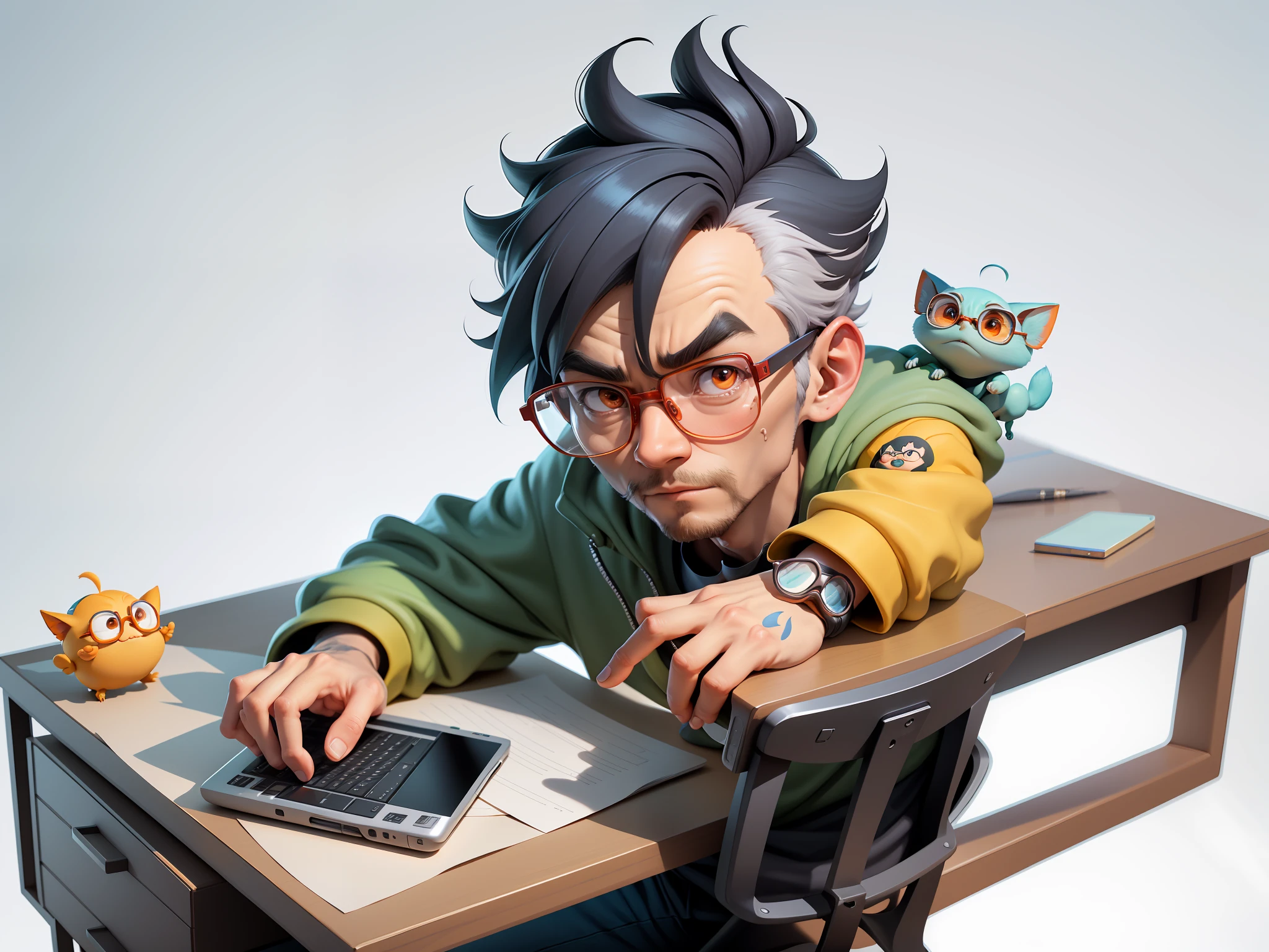 A young man with glasses sits at his desk,holding laptop,digitial painting,3D character design by Mark Clairen and Pixar and Hayao Miyazaki and Akira Toriyama,4K HD illustration,Very detailed facial features and cartoon-style visuals。