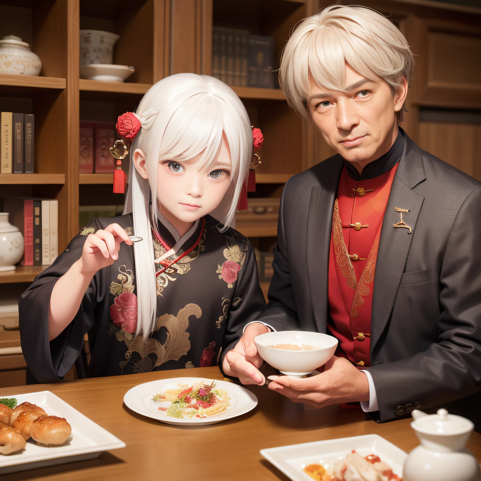 8K,tmasterpiece,Natural lighting,ancient chinese background,High hills,Cloud fog,rios,Sit in front of the bookcase,Chicken cup,Outdoor photography,sface focus,detailed face with,facial wrinkle,Relaxed expression,(2 people),Opposite,Male elderly,White hair,Hairpins,Chinese Han dynasty costumes,Boy