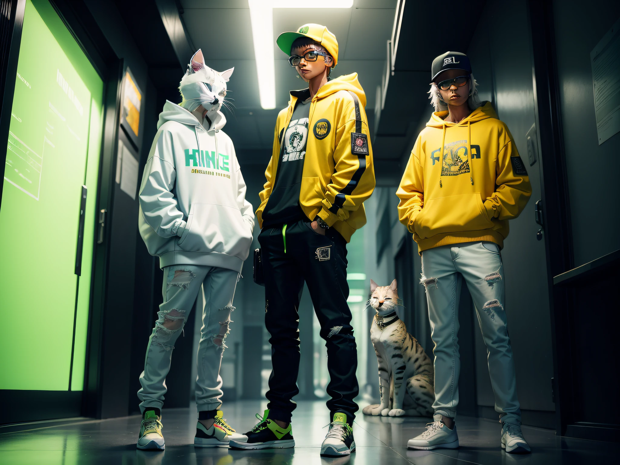 Furries two white cats standing full length, wearing round glasses in the cyber punk style, wearing closed white sweatshirts with cap, jeans with belts and sneakers. um beco escuro cyberpunk de fundo com tons de verde e amarelo neon, estilo neon verde e amarelo