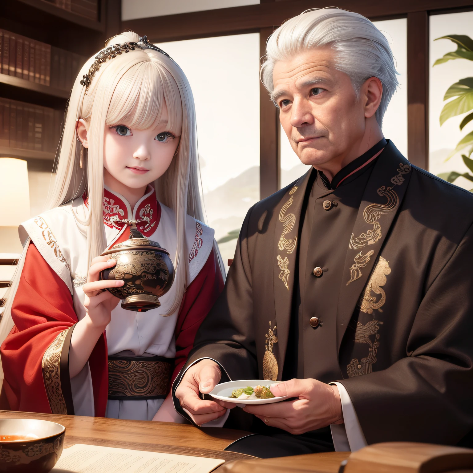 8K，tmasterpiece，Natural lighting，ancient chinese background，High hills，Cloud fog，rios，Sit in front of the bookcase，Chicken cup，Outdoor photography，sface focus，detailed face with，facial wrinkle，Relaxed expression，（2 people），Opposite，Male elderly，White hair，Hairpins，Chinese Han dynasty costumes，Boy