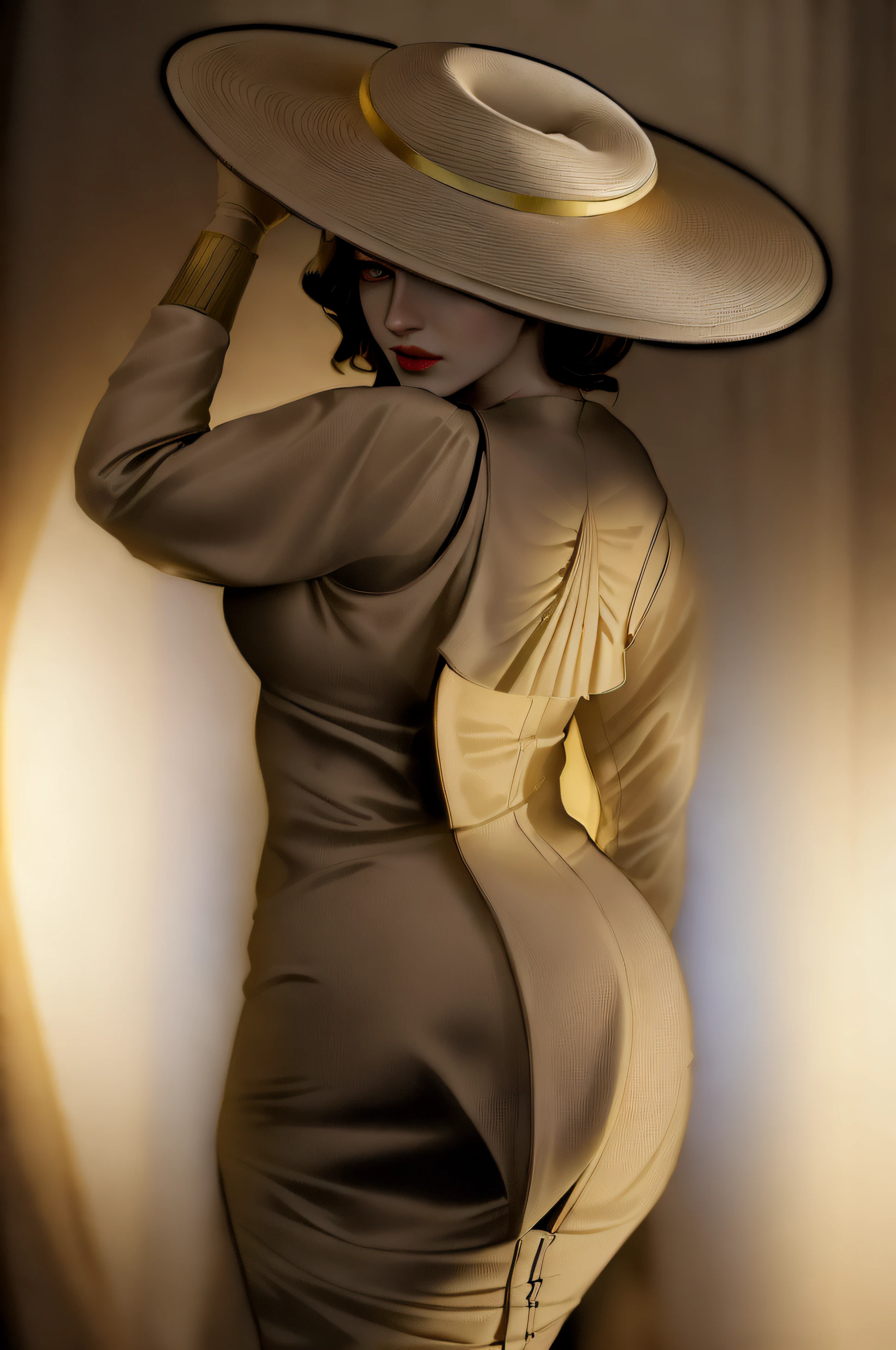 ((masterpiece, best quality)), ((Lady Dimitrescu from Resident Evil 8 in her beige elaborate long-dress and beige wide brimmed hat)), black gloves, standing in ornate bedroom, yellow eyes, (well lit room), ((Visible panty line)), comic book art style, intricate details