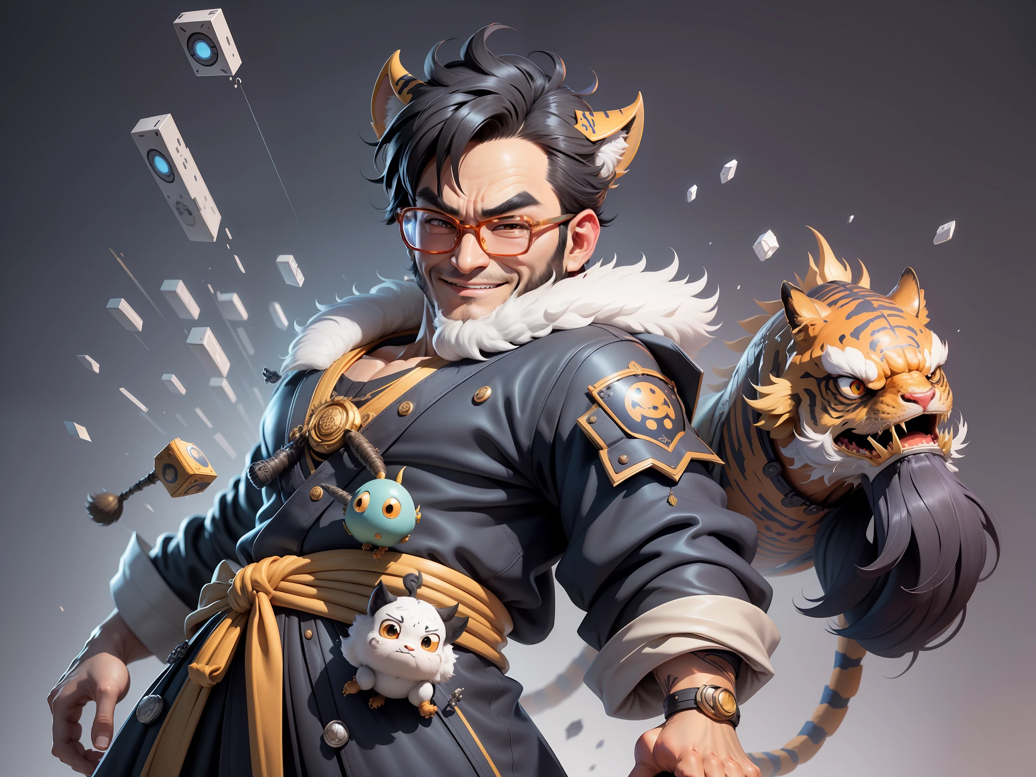 (Masterpiece), (Excellent), (Super Meticulous), (Full Body: 1.2), Super Young Man with Japanese Female Geisha, Pretty, Beautiful, Chinese Dragon, Tiger, Wind God Thor, Sexy, Bursting, Oriental Face, TV Anchor, Bust Portrait Illustration, Black Suit, Blue Tie, Slightly Chubby Face, Silver Glasses, Very Clean Face, No Beard on Chin, Black Super Short Hair, Black Eyes, Confident Smile, 3c Computer Sub-Products, iPad, iPhone, Digital Painting, 3D character design by Mark Clairedon and Pixar and Hayao Miyazaki and Akira Toriyama, the illustrations are HD illustrations in 4K resolution with highly detailed facial features and cartoon-style visuals.