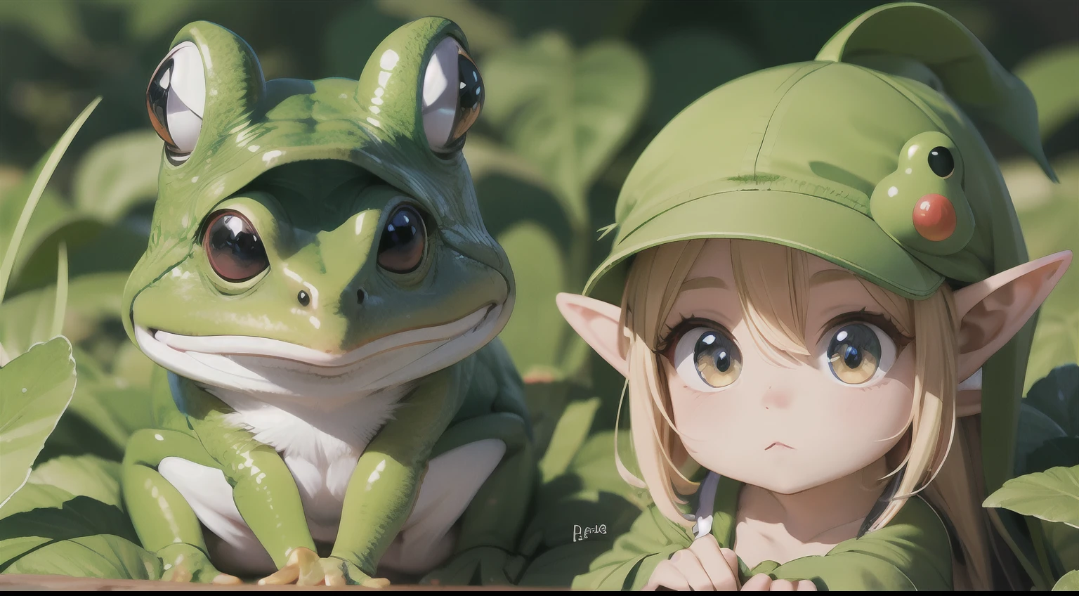 Cute elf characters drawn in realistic hand-drawn style、I like frogs、私はカエルの可愛い❤帽子をかぶっています