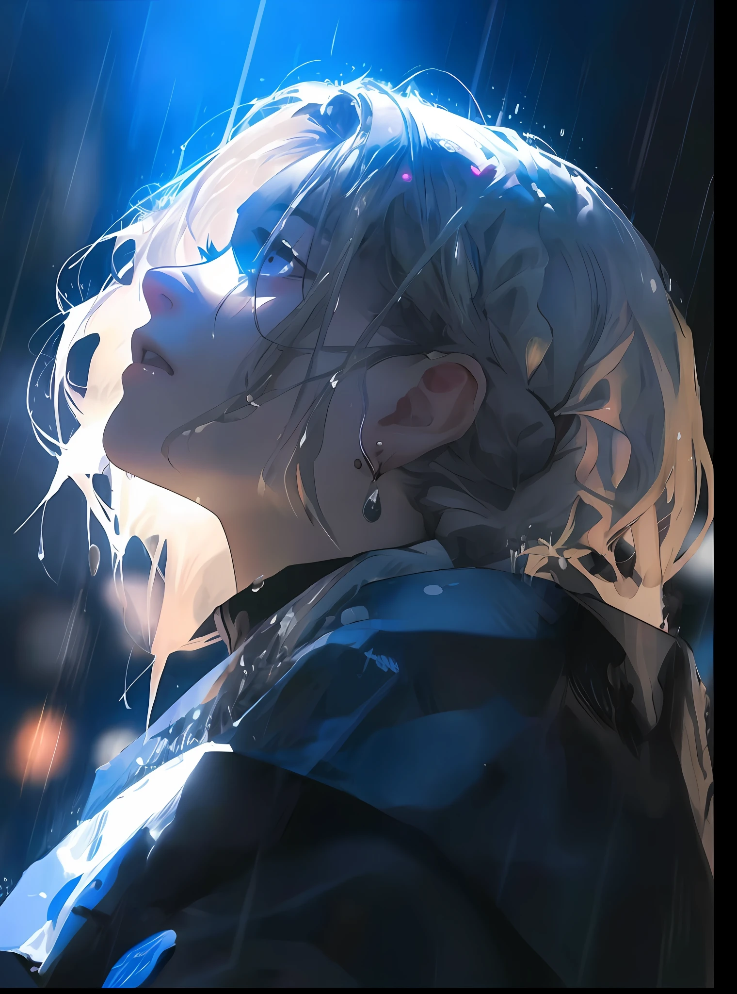 Menina anime com olhos azuis e cabelos brancos na chuva, Guweiz, retrato bonito do anime, Tears on Rain, Anime Art Wallpaper 4K, Anime Art Wallpaper 4K, Arte no estilo de Guweiz, 4k anime wallpapers, Anime Wallpaper 4k, Papel de parede anime 4k, Anime Art Wallpaper 8K, perfil de menina anime