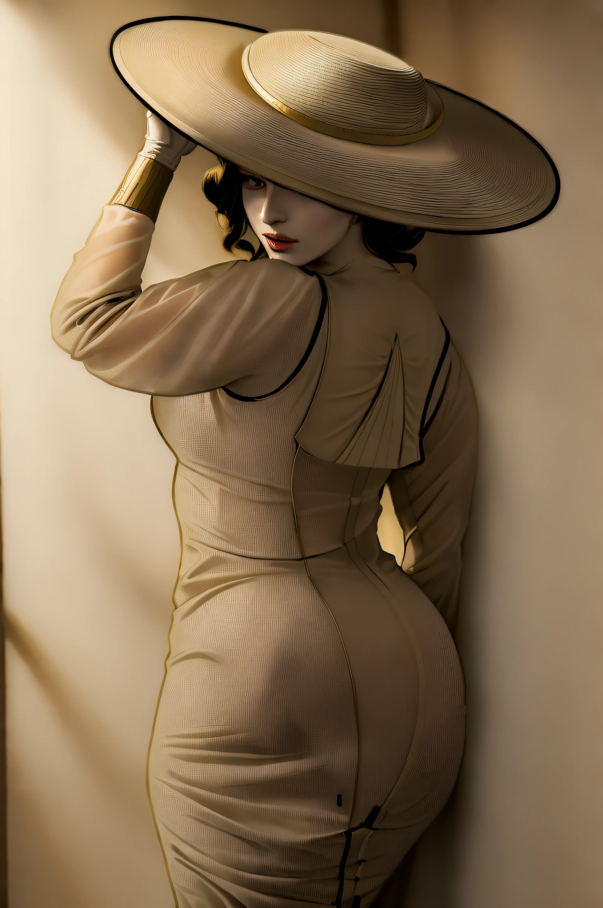 ((masterpiece, best quality)), ((Lady Dimitrescu from Resident Evil 8 in her beige elaborate long-dress and beige wide brimmed hat)), black gloves, standing in ornate bedroom, yellow eyes, (well lit room), ((Visible panty line)), comic book art style, intricate details