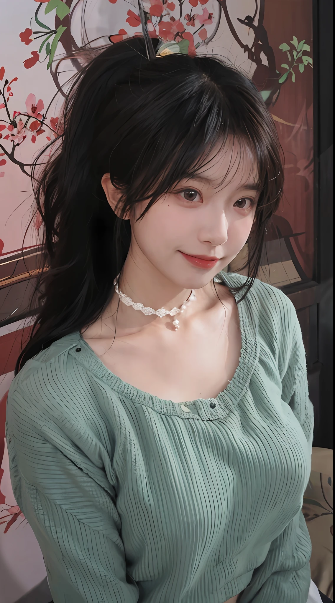 best qualtiy, 超高分辨率, (realisticlying:1.4),cute hairpin,Baoyu Girl,1girll, Raised sexy,a sense of atmosphere,Royal Sister,Beautiful woman with a slim figure:1.4, Abs:1.2, (High ponytail, mideum breasts:1.3), Pink cropped sweater:1.4, 浴室,Ultra-fine face,Elaborate Eyes,二重まぶた,ssmile,choker necklace