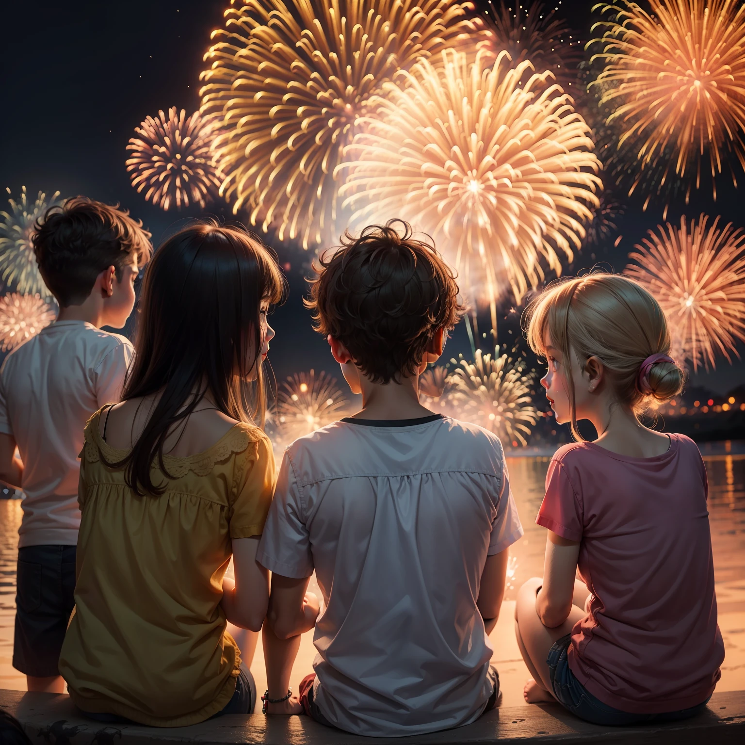 Parents and children watching fireworks