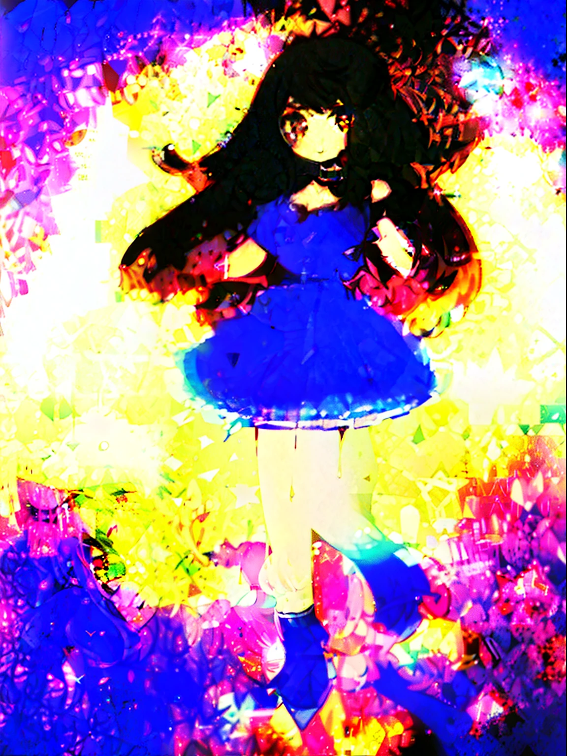 ((Masterpiece, highest quality)), (Best Picture:1.2), (Best Quality:1.3), looking at viewer, starry background, ((Q version)), full body, floating, v sing, finely detail, detailed face, full of details, highly detailed, depth, 1girl, girl in a skirt and headphones, :3, long hair, bangs, multicolored hair, Ombre hair, gradient hair, Brown hair with pink tips, [[brown hair]], [[[[[[pink hair]]]]]], gradient eyes, sparkling eyes, black bra, long gloves, pink skirt, pleated skirt, loose socks, leg warmers, black choker, red eyes, ((star-shaped pupils))