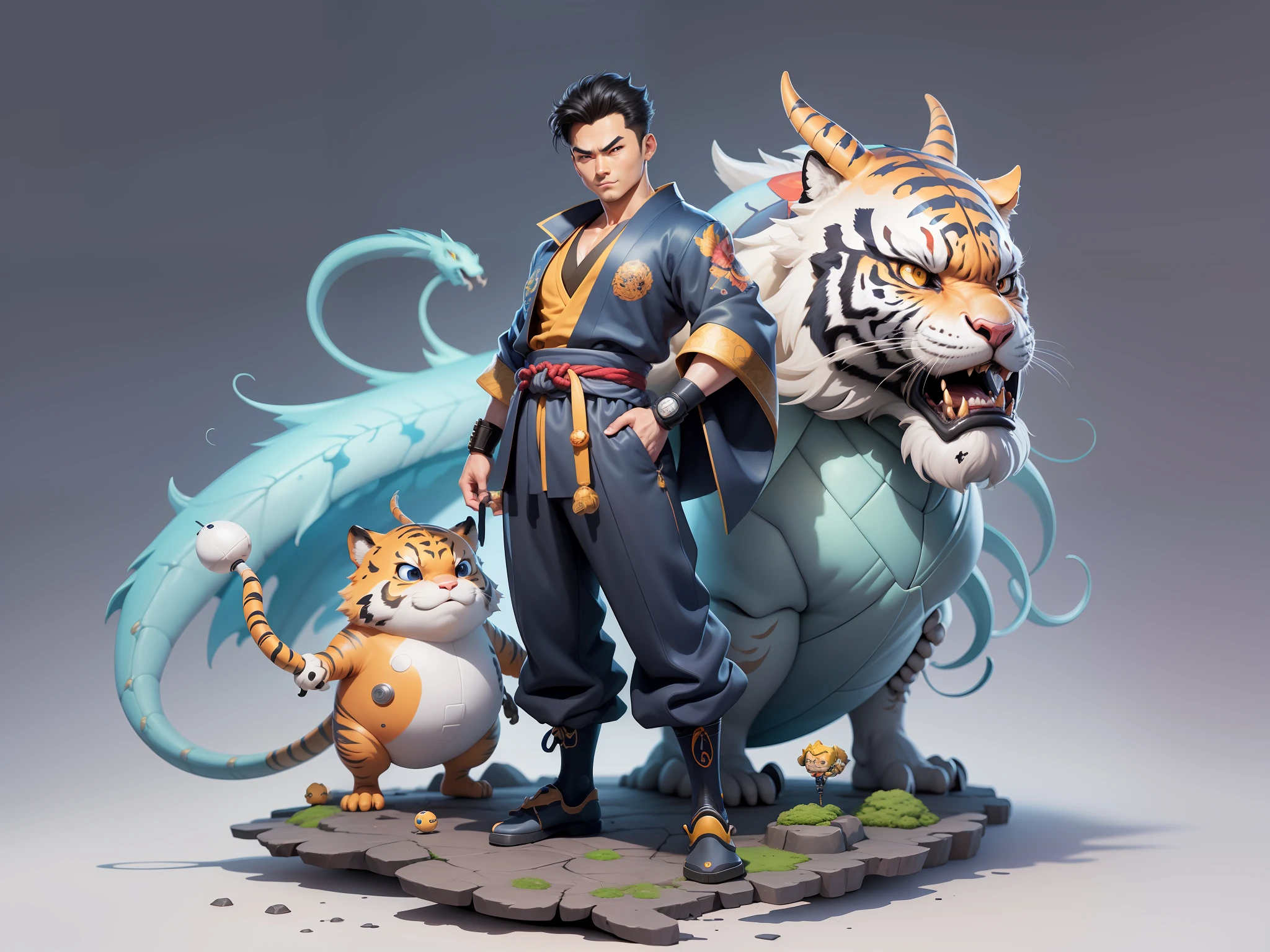 (Masterpiece), (Excellent), (Super Meticulous), (Full Body: 1.2), Super Young Man, Oriental Face, Japanese Kimono, Japanese Wind Thunder God, Dragon, Tiger, TV Anchor, Bust Portrait Illustration, Alone, Black Suit, Blue Tie, Slightly Chubby Face, Very Clean Face, No Beard, Black Super Short Hair, Black Eyes, Confident Smile, 3c Computer Sub-Products, iPad, iPhone, Digital Painting, 3D Character Design by Akira Toriyama and Mark Claireden and Pixar and Hayao Miyazaki, The illustration is a high-definition illustration in 4K resolution with very detailed facial features and cartoon-style visuals.