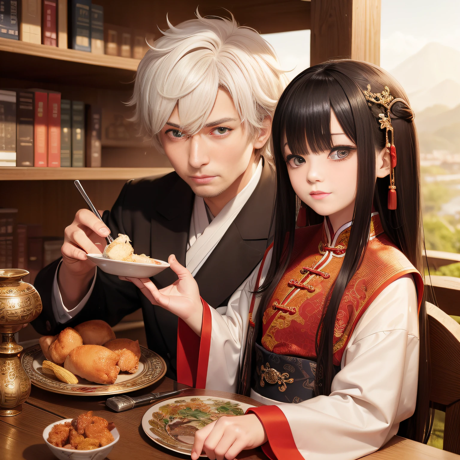 8K，tmasterpiece，Natural lighting，ancient chinese background，High hills，Cloud fog，rios，Sit in front of the bookcase，Chicken cup，Outdoor photography，sface focus，detailed face with，facial wrinkle，Relaxed expression，（2 people），Opposite，Male elderly，White hair，Hairpins，Chinese Han dynasty costumes，Boy