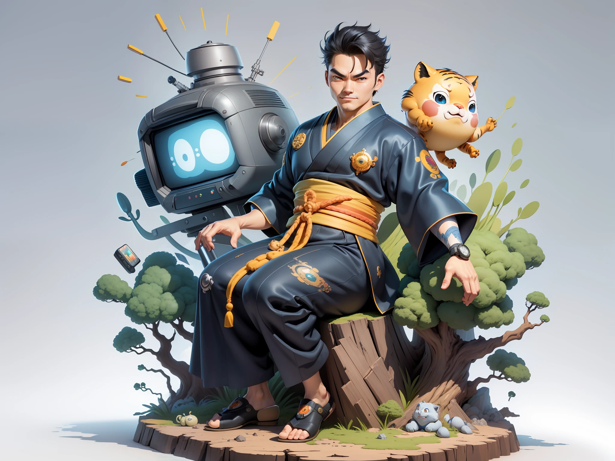 (Masterpiece), (Excellent), (Super Meticulous), (Full Body: 1.2), Super Young Man, Oriental Face, Japanese Kimono, Japanese Wind Thunder God, Dragon, Tiger, TV Anchor, Bust Portrait Illustration, Alone, Black Suit, Blue Tie, Slightly Chubby Face, Very Clean Face, No Beard, Black Super Short Hair, Black Eyes, Confident Smile, 3c Computer Sub-Products, iPad, iPhone, Digital Painting, 3D Character Design by Akira Toriyama and Mark Claireden and Pixar and Hayao Miyazaki, The illustration is a high-definition illustration in 4K resolution with very detailed facial features and cartoon-style visuals.
