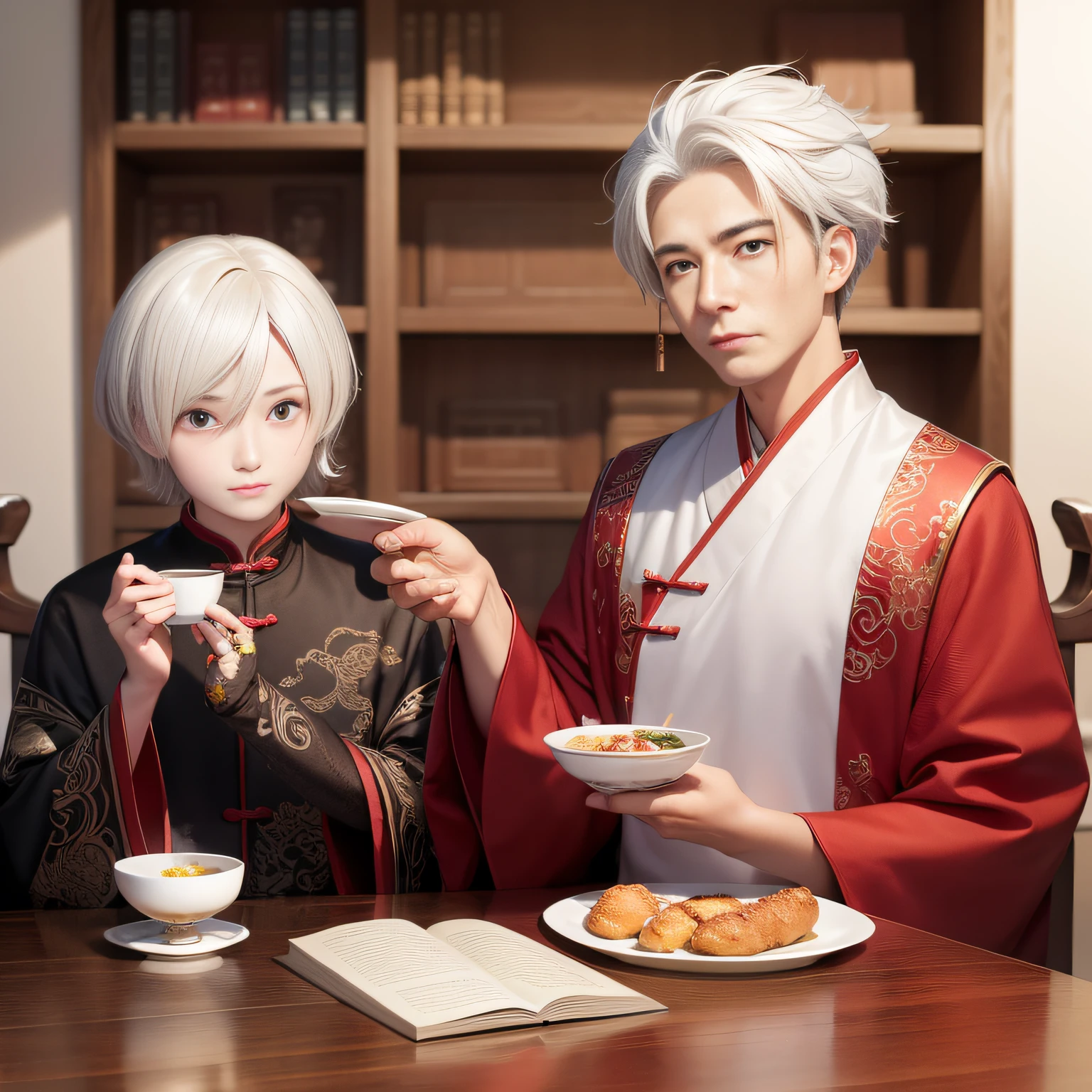 8K,tmasterpiece,Natural lighting,ancient chinese background,High hills,Cloud fog,rios,Sit in front of the bookcase,Chicken cup,Outdoor photography,sface focus,detailed face with,facial wrinkle,Relaxed expression,(2 people),Opposite,Male elderly,White hair,Hairpins,Chinese Han dynasty costumes,Boy