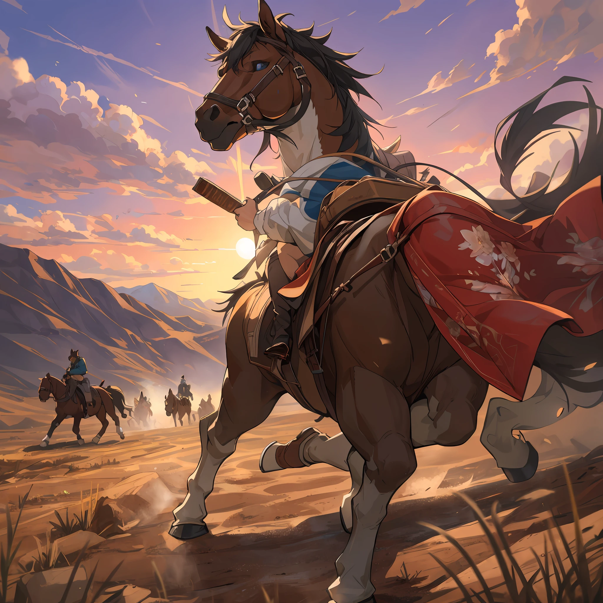 top quality, best quality, High-quality illustrations, masterpiece, super high resolution, detailed background, The desolate and rugged desert landscape at sunset, with the sky turning shades of red and the dry earth stretching into the distance, Cowboys racing across the prairie, stirring up dust as the sound of horse hooves echoes through the air, A lone sheriff standing at the entrance of a saloon, with a wooden sign swaying gently behind him, A gunslinger suddenly emerging from the shadows, his sharp gaze and the silence creating a tense atmosphere, 6+boys, 6+girls, absurdres(highly detailed beautiful face and eyes)perfect anatomy, expression, good lighting, cinematic shadow(kemono, furry anthro)assorted poses, dynamic angle,