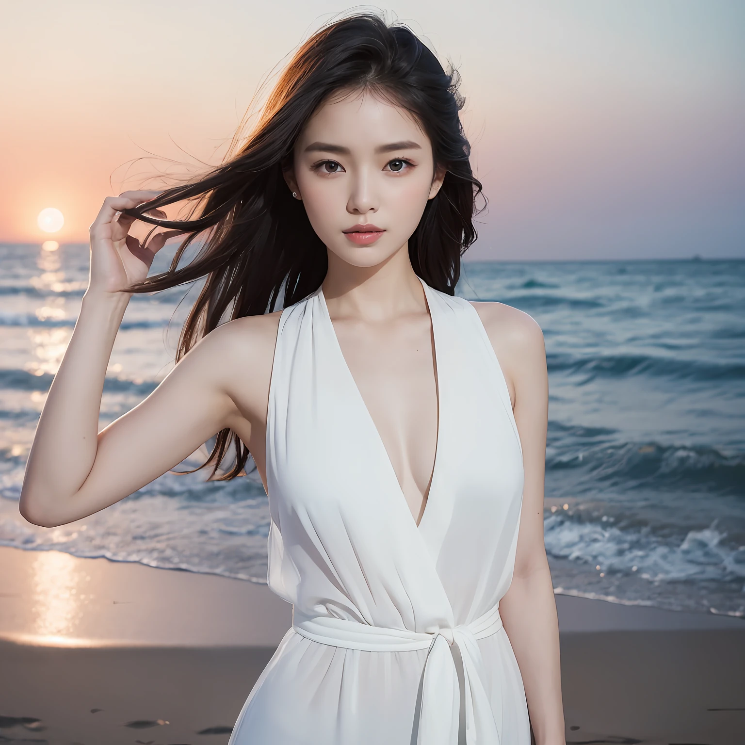 One lady、((best qualtiy、8k masterpieces:1.3))、foco nítido:1.2、(ultra beautiful faces:1.0)、(shinny skin:1.0)、photos realistic、A dark-haired、Video Lighting、High-definition eyes and face、Video Lighting、(Korean Cute Actress)、from the front side、medium breasts、ssmile、Sleeveless、Slender Abs Beauty、Whole body、Wearing a white blouse、On the beach at night