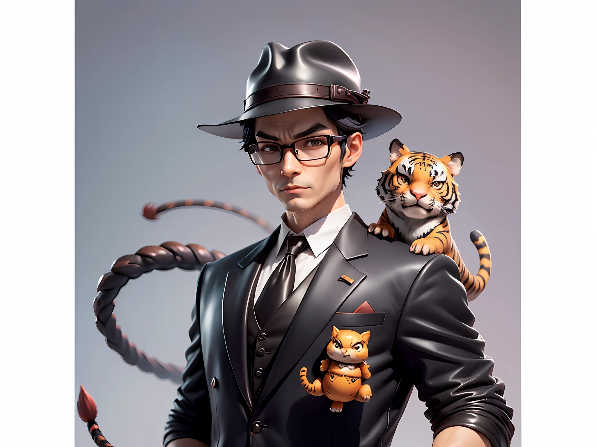Young man with leather hat, tiger, dragon, oriental face in formal suit, short black hair, silver glasses, digital painting, 3D character design by Mark Clairedon and Pixar and Hayao Miyazaki and Akira Toriyama, the illustration is a high-definition illustration in 4K resolution with very detailed facial features and cartoon-style visuals.