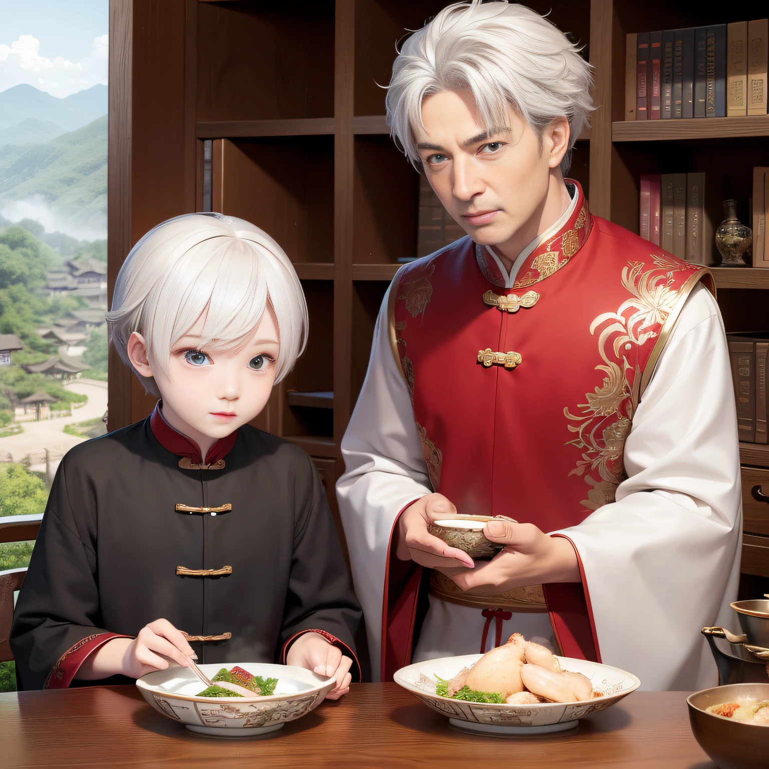 8K，tmasterpiece，Natural lighting，ancient chinese background，High hills，Cloud fog，rios，Sit in front of the bookcase，Chicken cup，Outdoor photography，sface focus，detailed face with，facial wrinkle，Relaxed expression，（2 people），Opposite，Male elderly，White hair，Hairpins，Chinese Han dynasty costumes，Boy