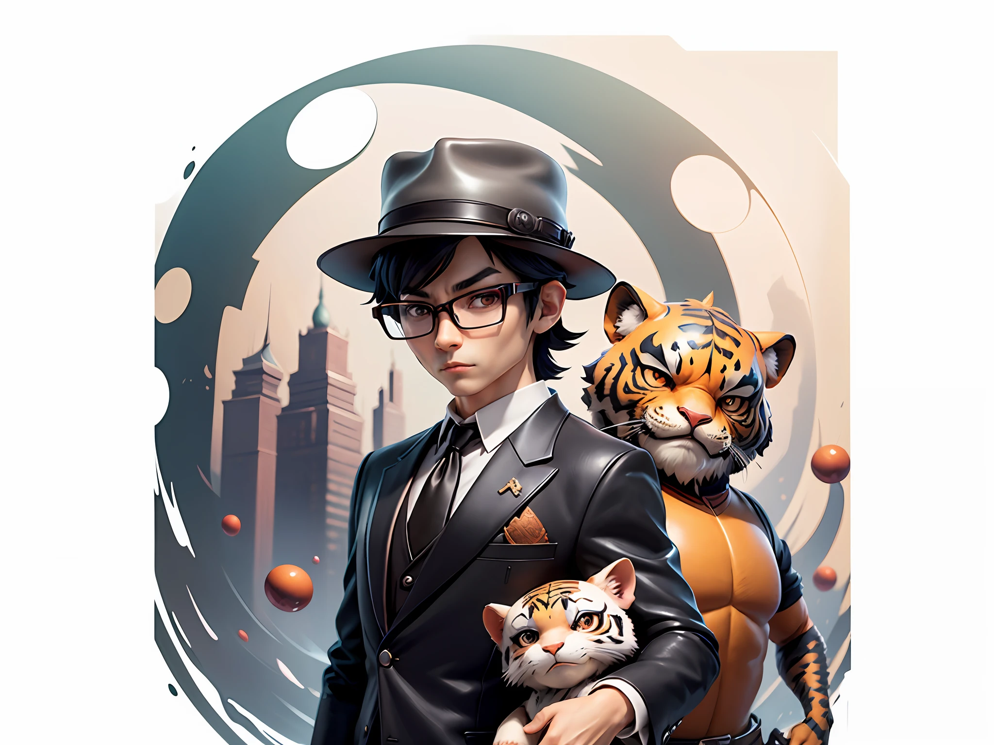 Young man with leather hat, tiger, dragon, oriental face in formal suit, short black hair, silver glasses, digital painting, 3D character design by Mark Clairedon and Pixar and Hayao Miyazaki and Akira Toriyama, the illustration is a high-definition illustration in 4K resolution with very detailed facial features and cartoon-style visuals.
