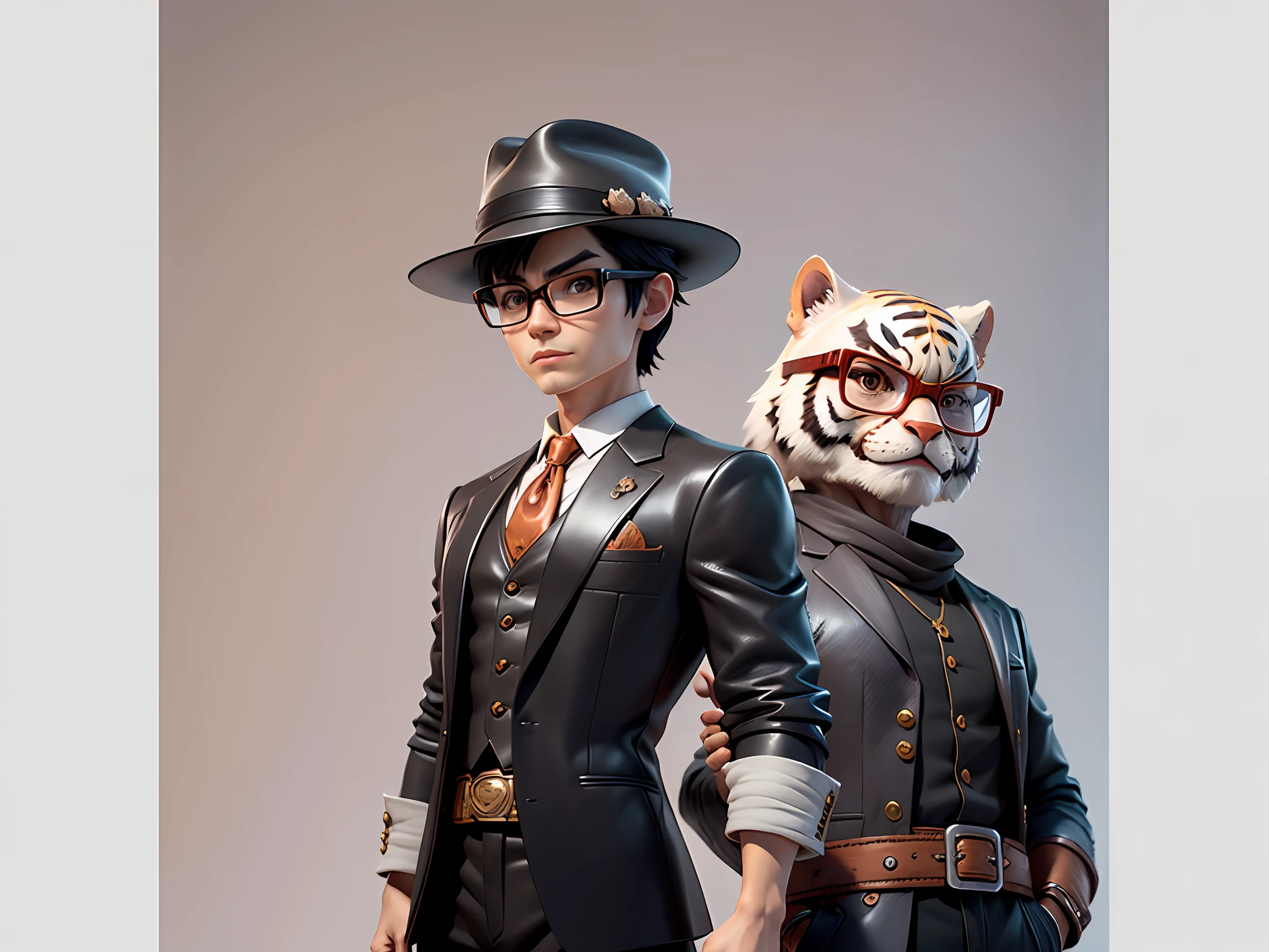 Young man with leather hat, tiger, dragon, oriental face in formal suit, short black hair, silver glasses, digital painting, 3D character design by Mark Clairedon and Pixar and Hayao Miyazaki and Akira Toriyama, the illustration is a high-definition illustration in 4K resolution with very detailed facial features and cartoon-style visuals.