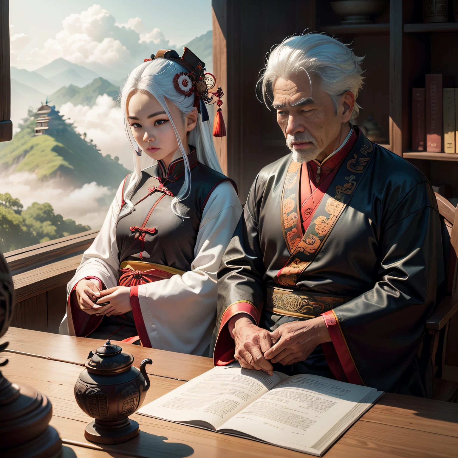 8K,tmasterpiece,Natural lighting,ancient chinese background,High hills,Cloud fog,rios,Sit in front of the bookcase,Chicken cup,Outdoor photography,sface focus,detailed face with,facial wrinkle,Relaxed expression,(2 people),Opposite,1 male elderly,White hair,Hairpins,Chinese Han dynasty costumes,1 teenager
