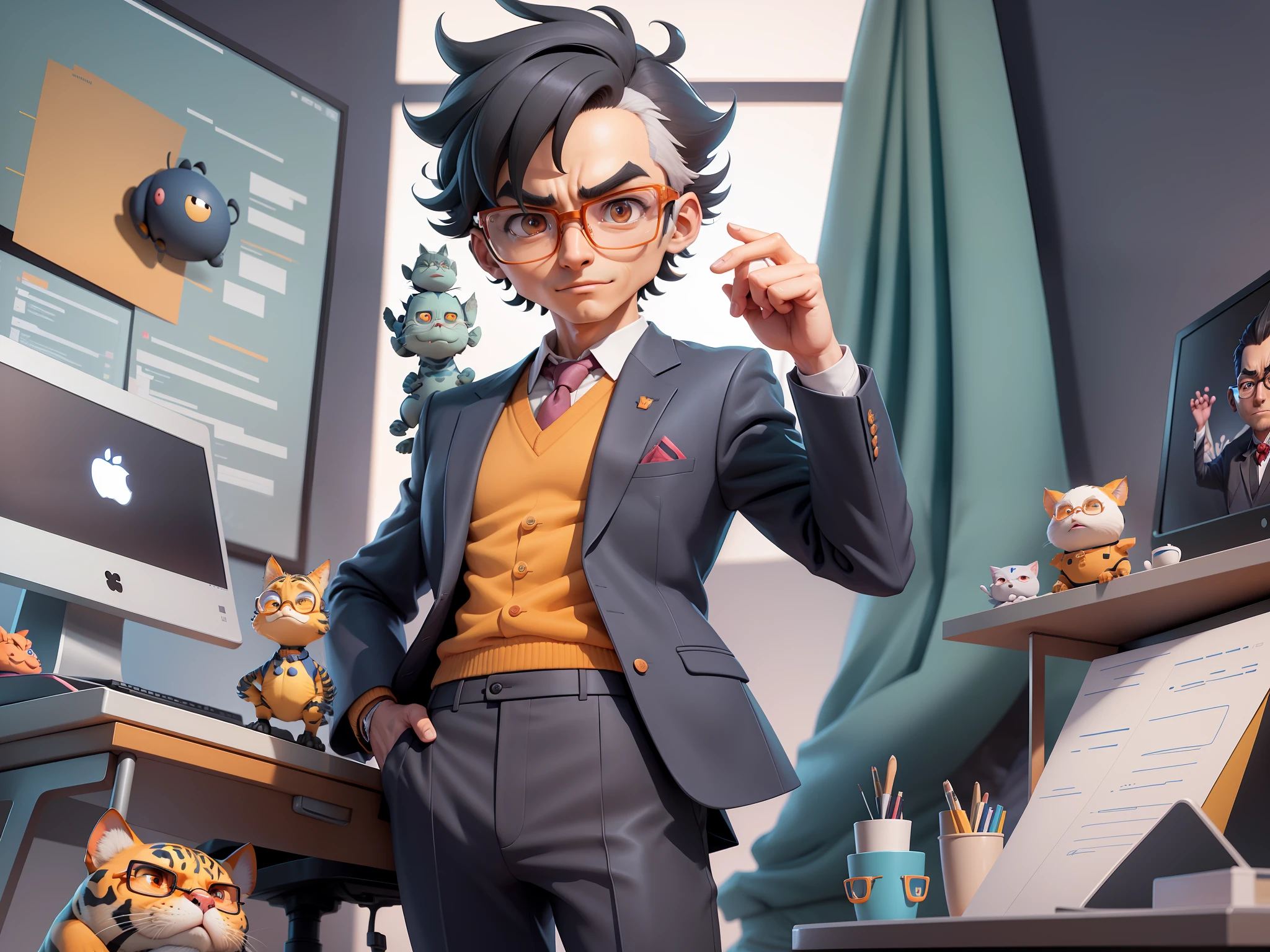 A young man in a suit, Short hair and glasses sat at his desk,holding laptop,digitial painting,tigre,3D character design by Mark Clairen and Pixar and Hayao Miyazaki and Akira Toriyama,4K HD illustration,Very detailed facial features and cartoon-style visuals。