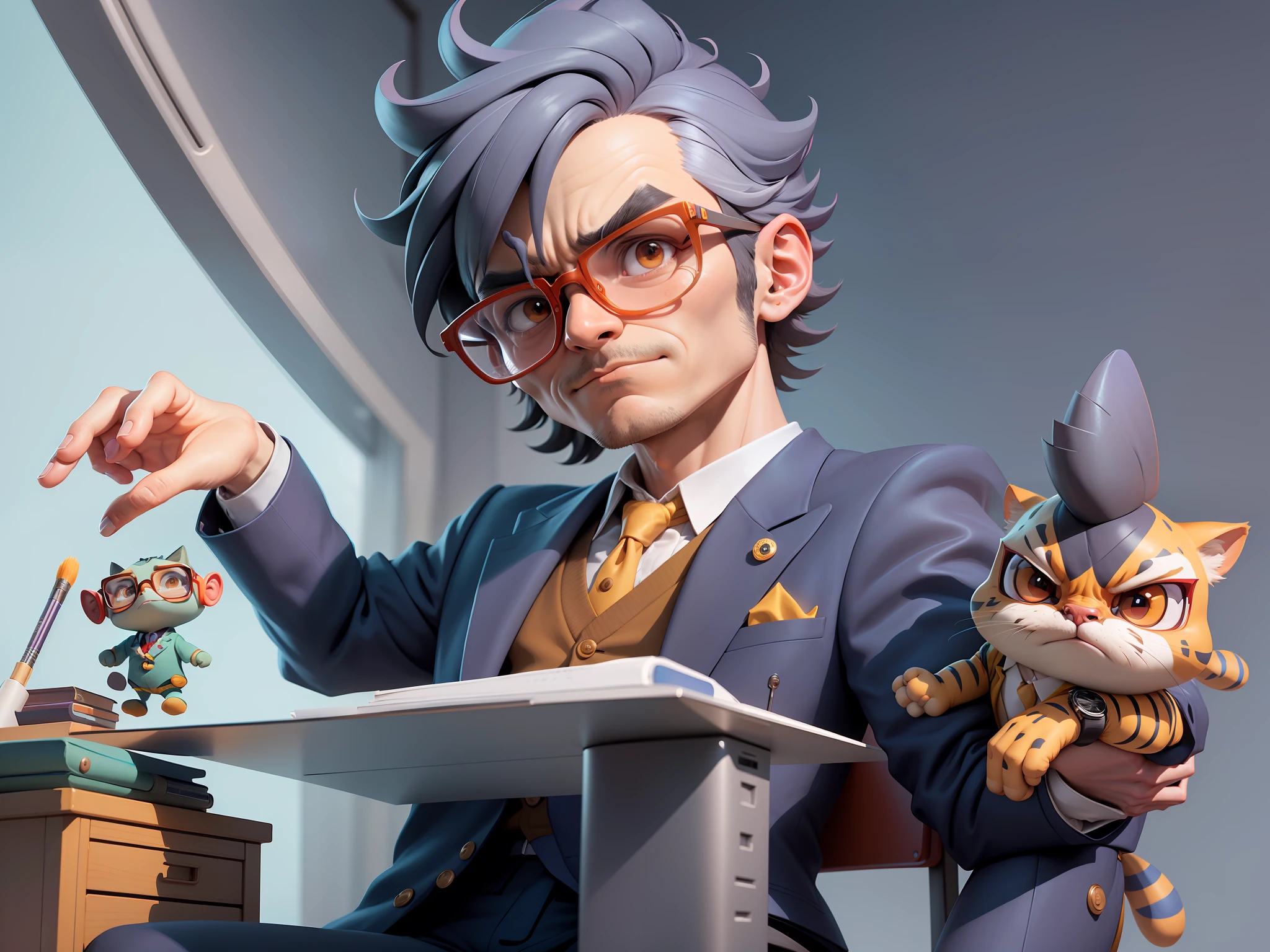 A young man in a suit, Short hair and glasses sat at his desk，holding laptop，digitial painting，tigre，3D character design by Mark Clairen and Pixar and Hayao Miyazaki and Akira Toriyama，4K HD illustration，Very detailed facial features and cartoon-style visuals。