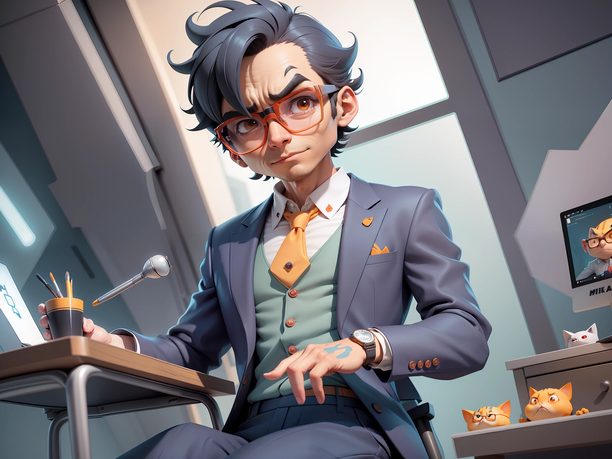A young man in a suit, Short hair and glasses sat at his desk,holding laptop,digitial painting,tigre,3D character design by Mark Clairen and Pixar and Hayao Miyazaki and Akira Toriyama,4K HD illustration,Very detailed facial features and cartoon-style visuals。