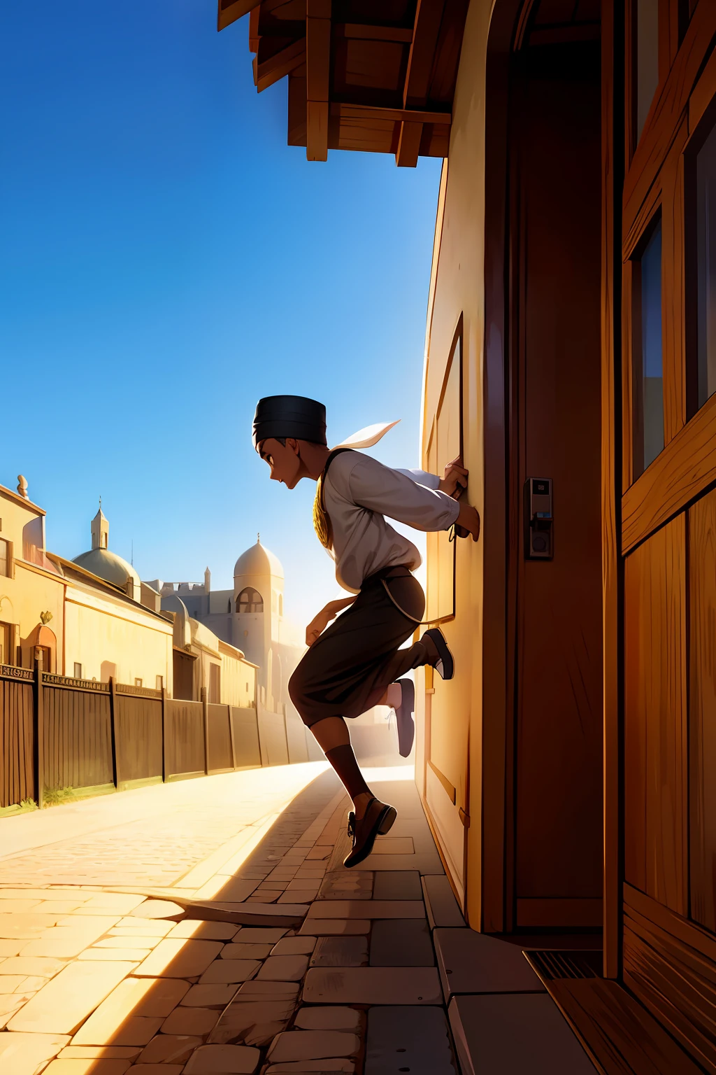 young muslim boy, medival times, cinematic light, street robbing, running