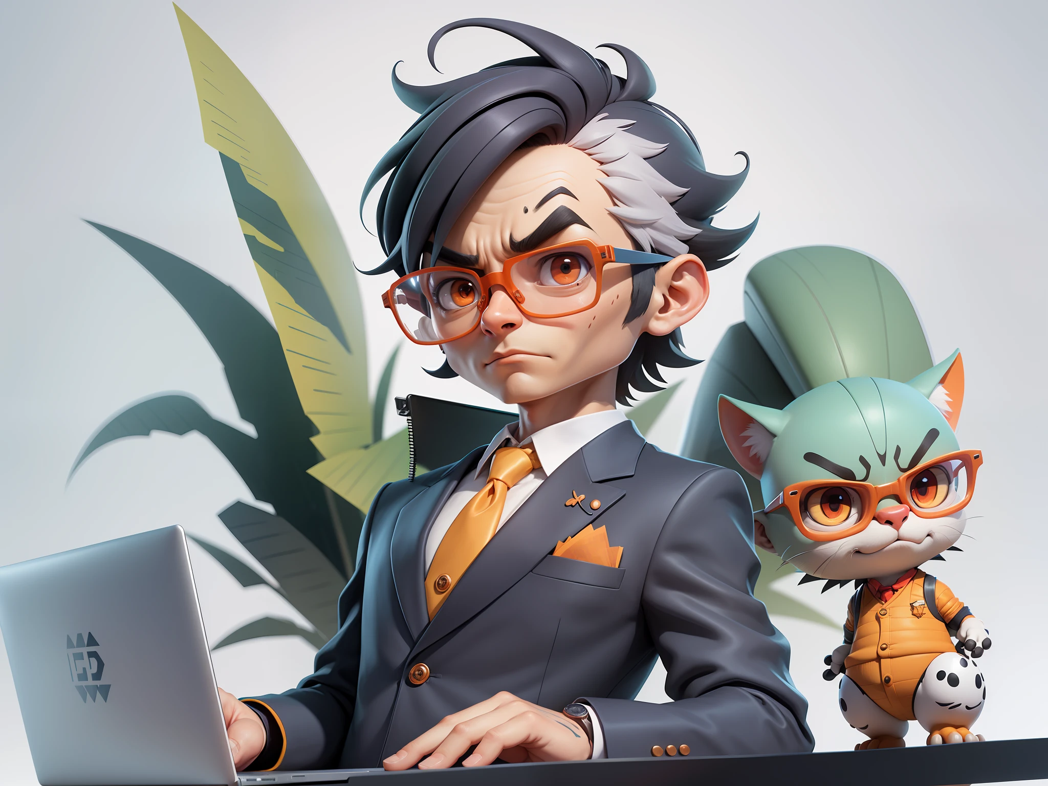 A young man in a suit, Short hair and glasses sat at his desk,holding laptop,digitial painting,tigre,3D character design by Mark Clairen and Pixar and Hayao Miyazaki and Akira Toriyama,4K HD illustration,Very detailed facial features and cartoon-style visuals。