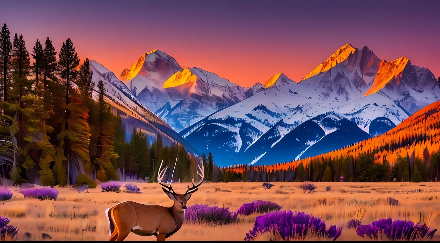 Artwork, masterpiece, most beautiful image in the world, awe-inspiring, sunset with mountains in the distance and a plain and a deer with large and majestic antler, orange and blue and purple twilight light, hdr, RAW, wide angle, long exposure, rule of thirds