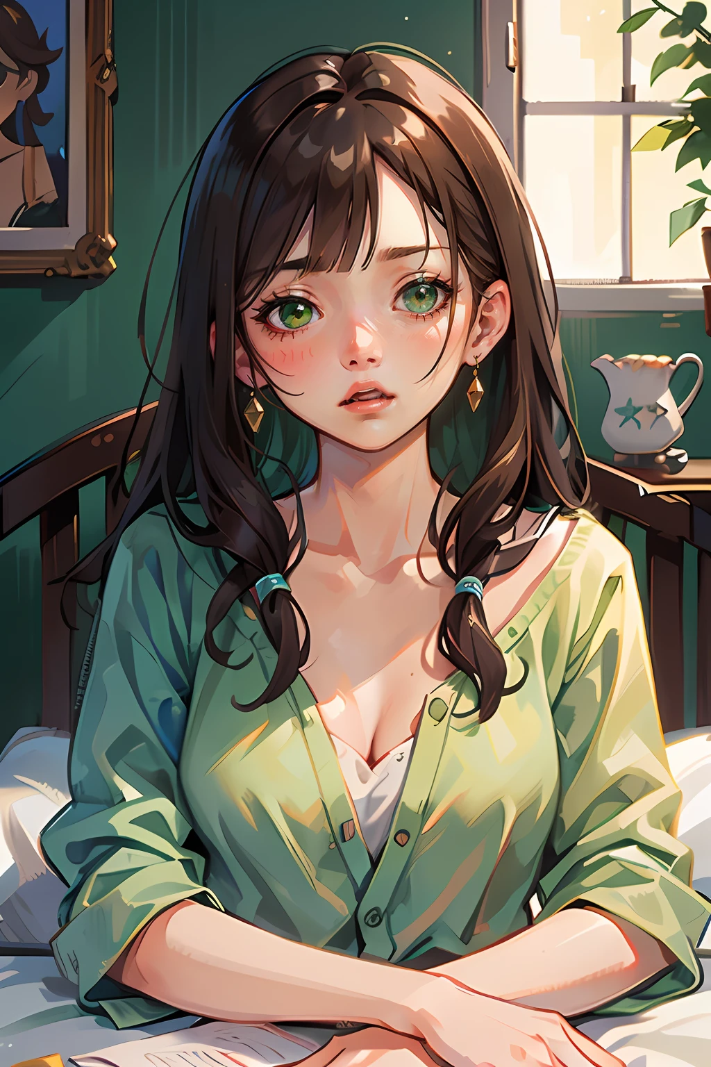 (masterpiece), best quality, beautiful detailed hair detailed face, ultra high res, sharp focus, ((1 woman, solo)), perfect feminine face, very stunning woman, upper body, medium long shot, MLS, (dressless:1.3), (sleepy face:1.3), yawning, sitting on the bed, chesnut brown hair, messy long hair, ((green eyes))