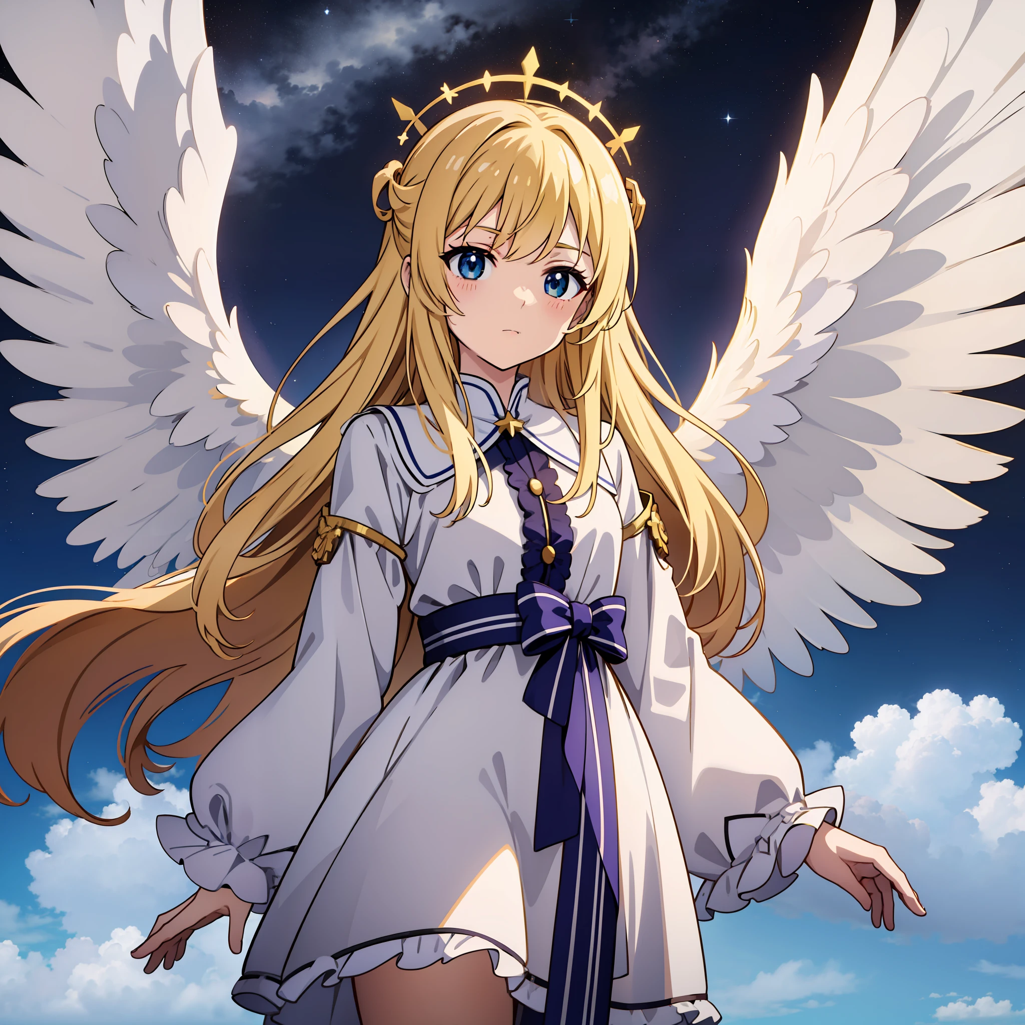 An anime angel with white wings and blonde hair in an anime sky with cute clouds and bright stars