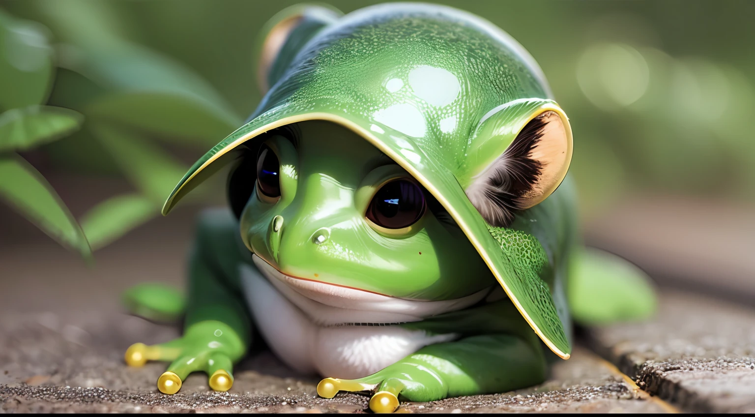 Cute elf character drawn in realistic hand drawn style、I like frogs、私はカエルの可愛い❤帽子をかぶっています