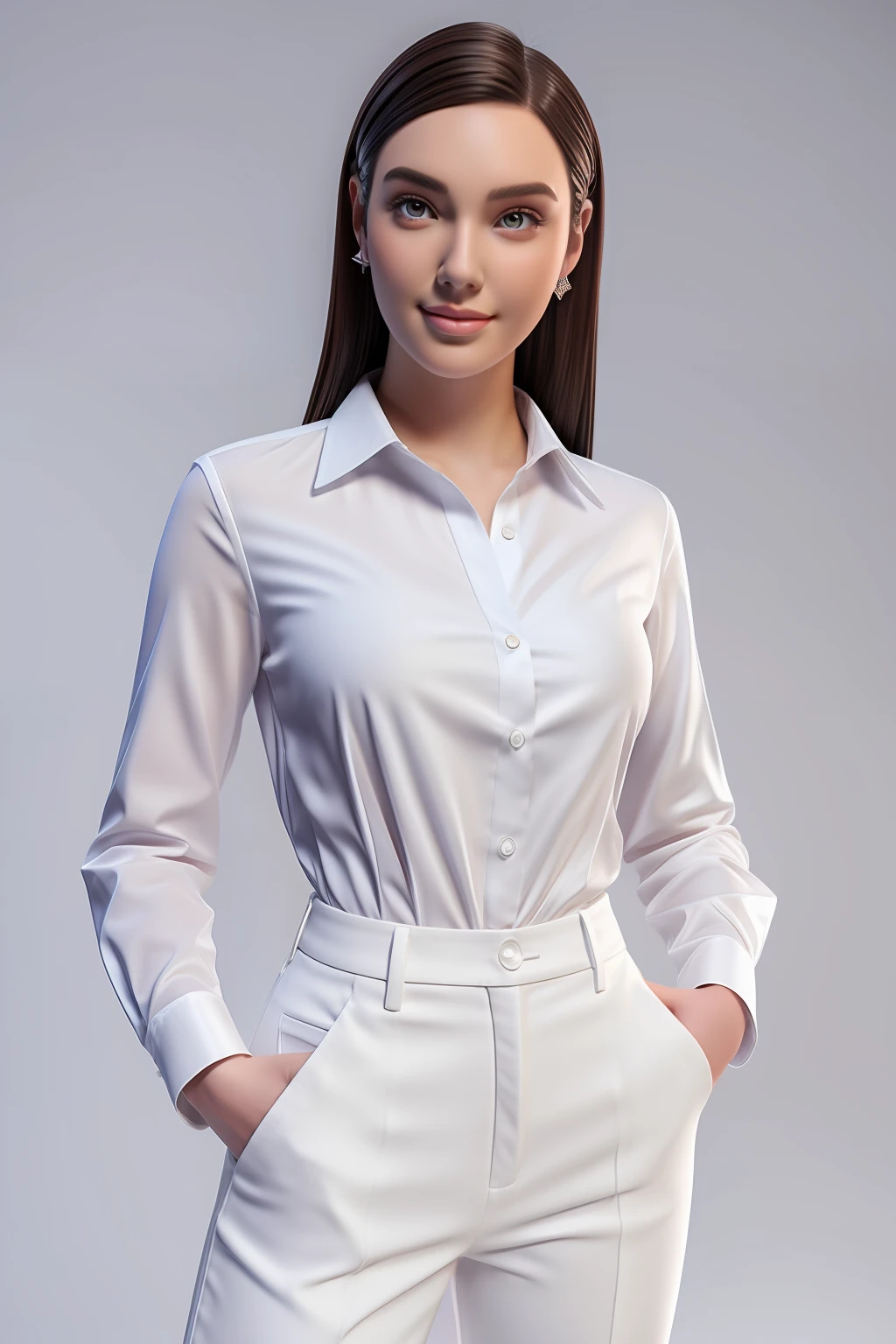 (gldot:1.3), 1girl, beautiful model, actress, 3dmm style, Blender 3D render, ultra realistic, instagram, full body, white buttoned shirt, posing for a photo, slight smile, studio background